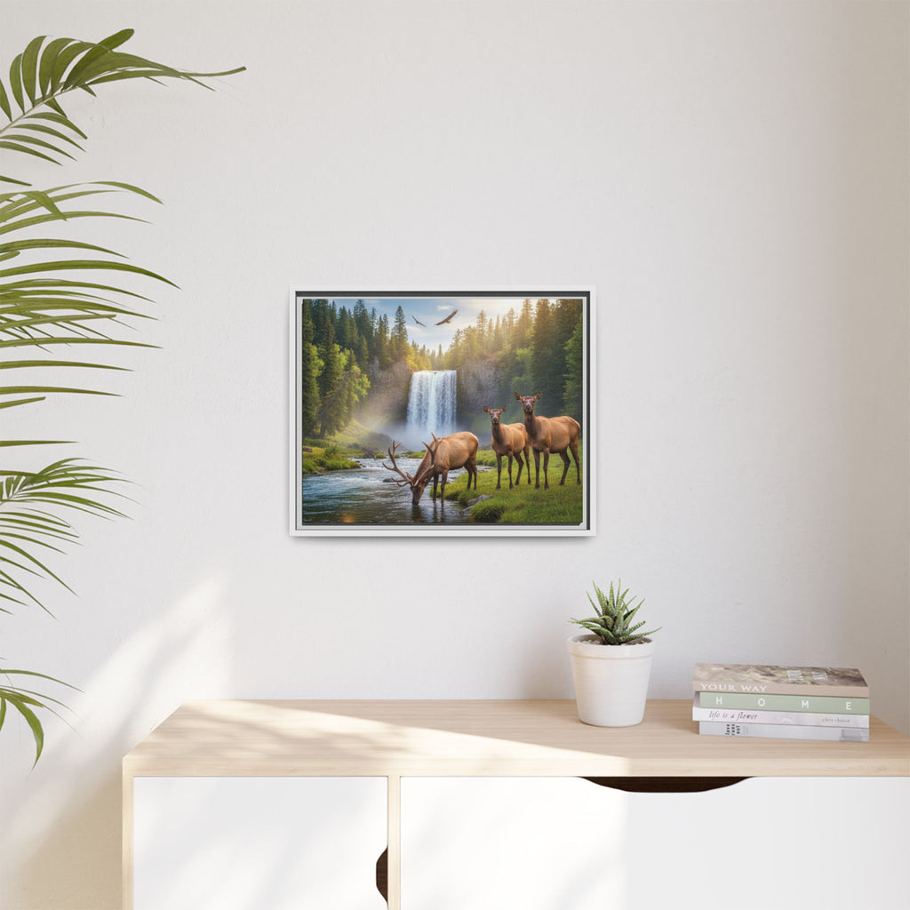 Waterfall Elk Forest Landscape Wall Art