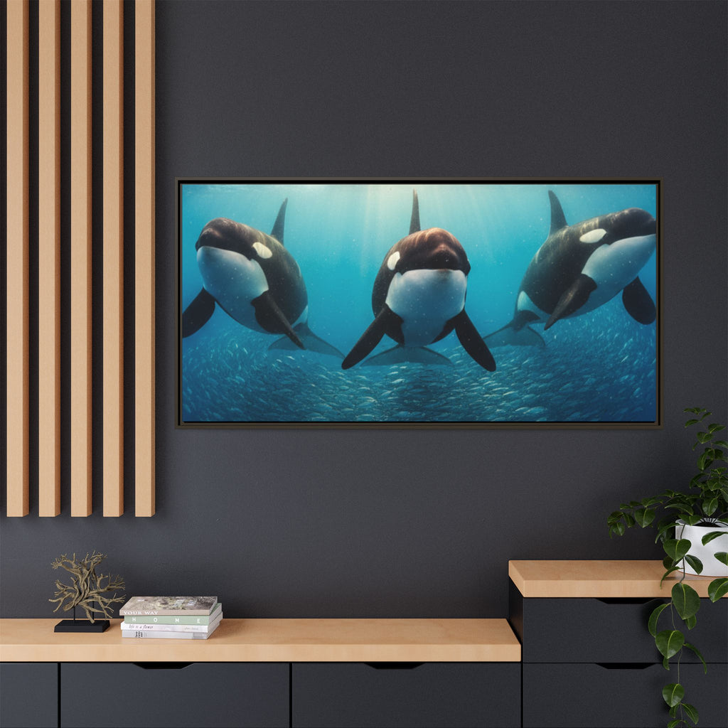 Framed Orca Canvas Print — Underwater Whale Pod Ocean Wall Art
