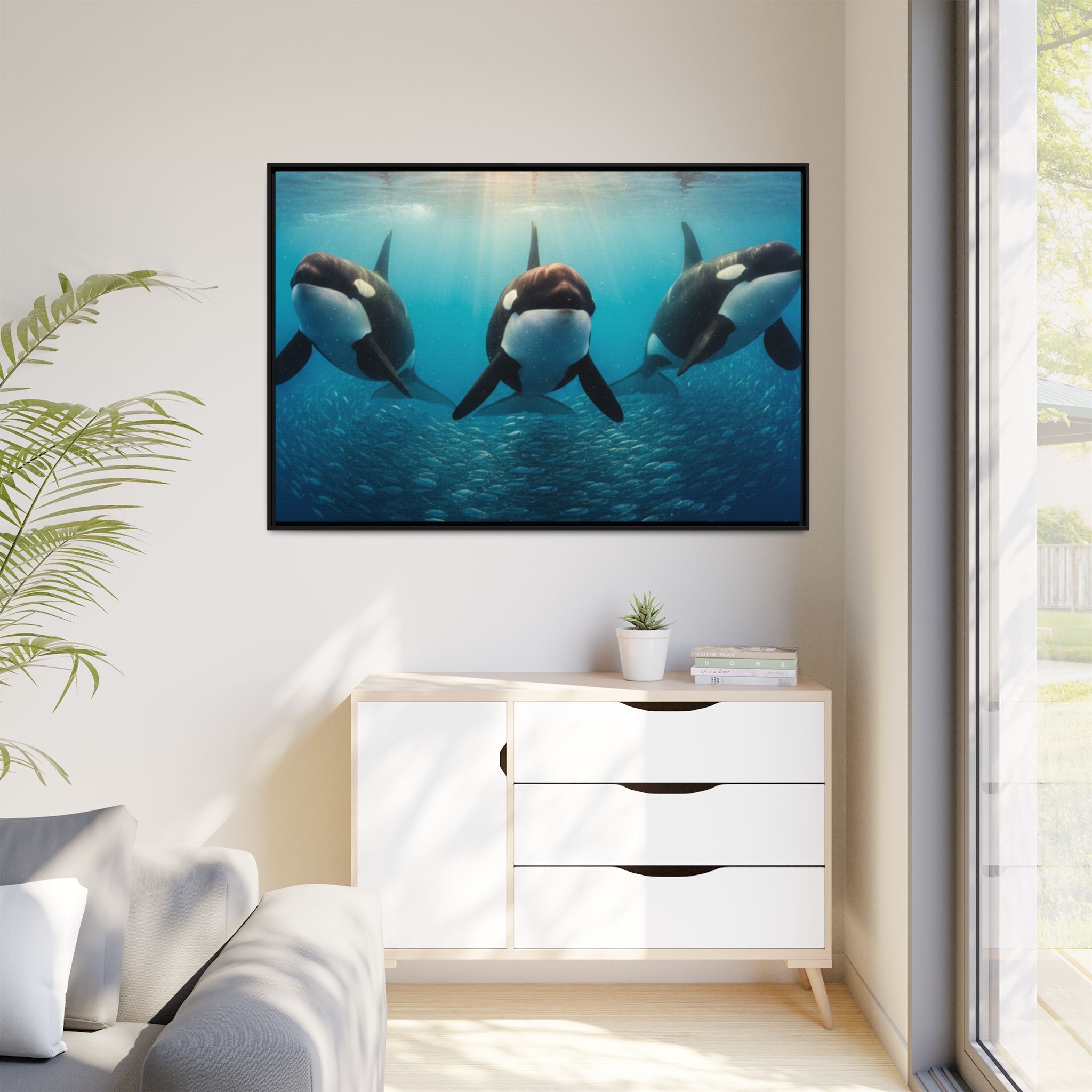 Framed Orca Canvas Print — Underwater Whale Pod Ocean Wall Art