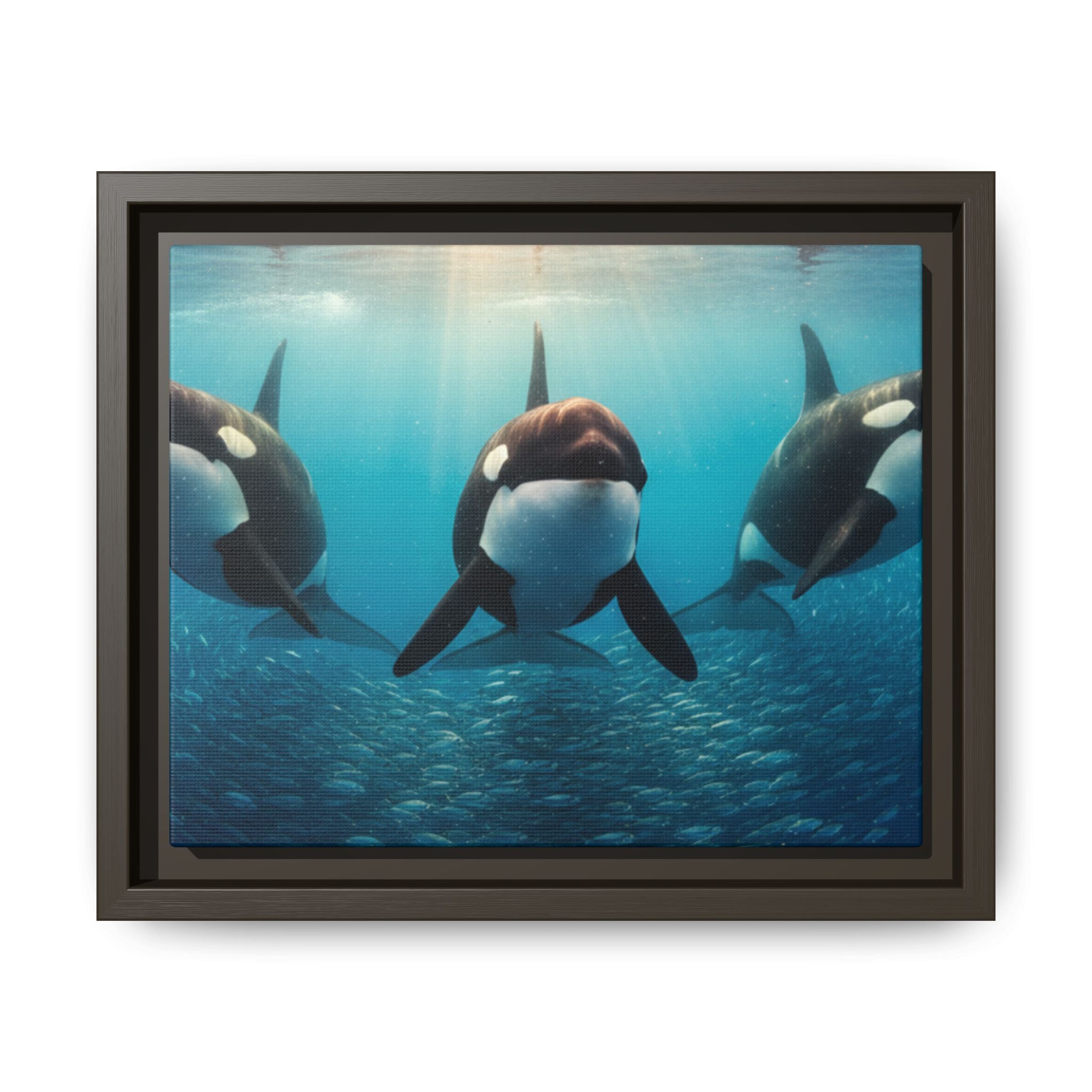 Framed Orca Canvas Print — Underwater Whale Pod Ocean Wall Art