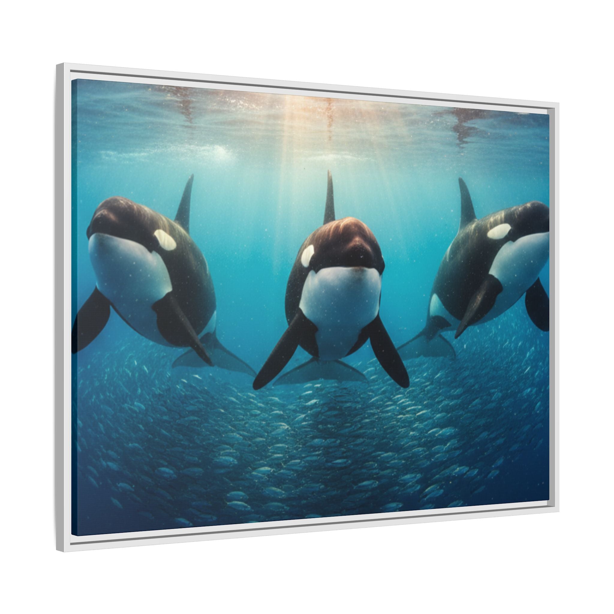 Framed Orca Canvas Print — Underwater Whale Pod Ocean Wall Art