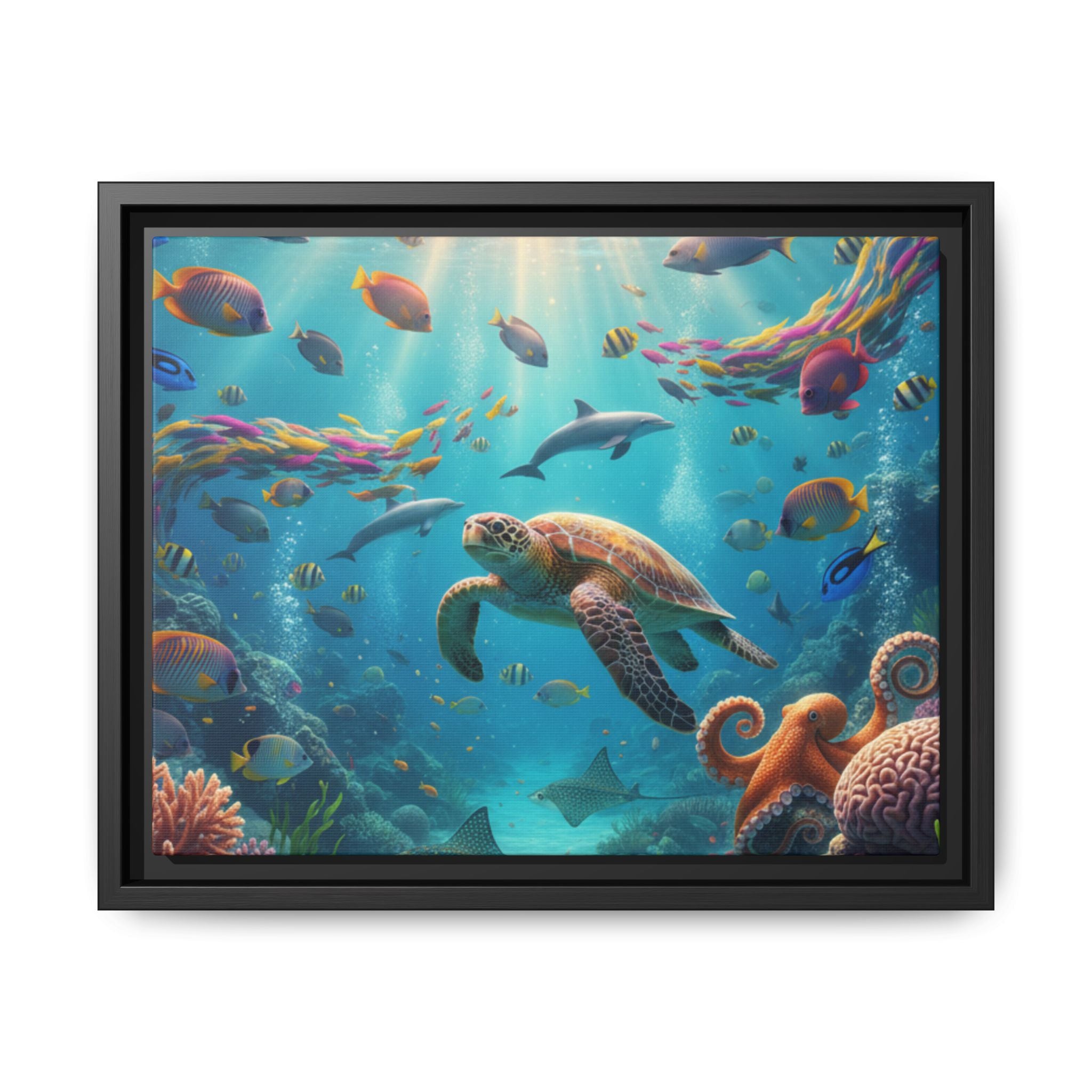 Framed Ocean Life Canvas — Colorful Sea Turtle Wall Art