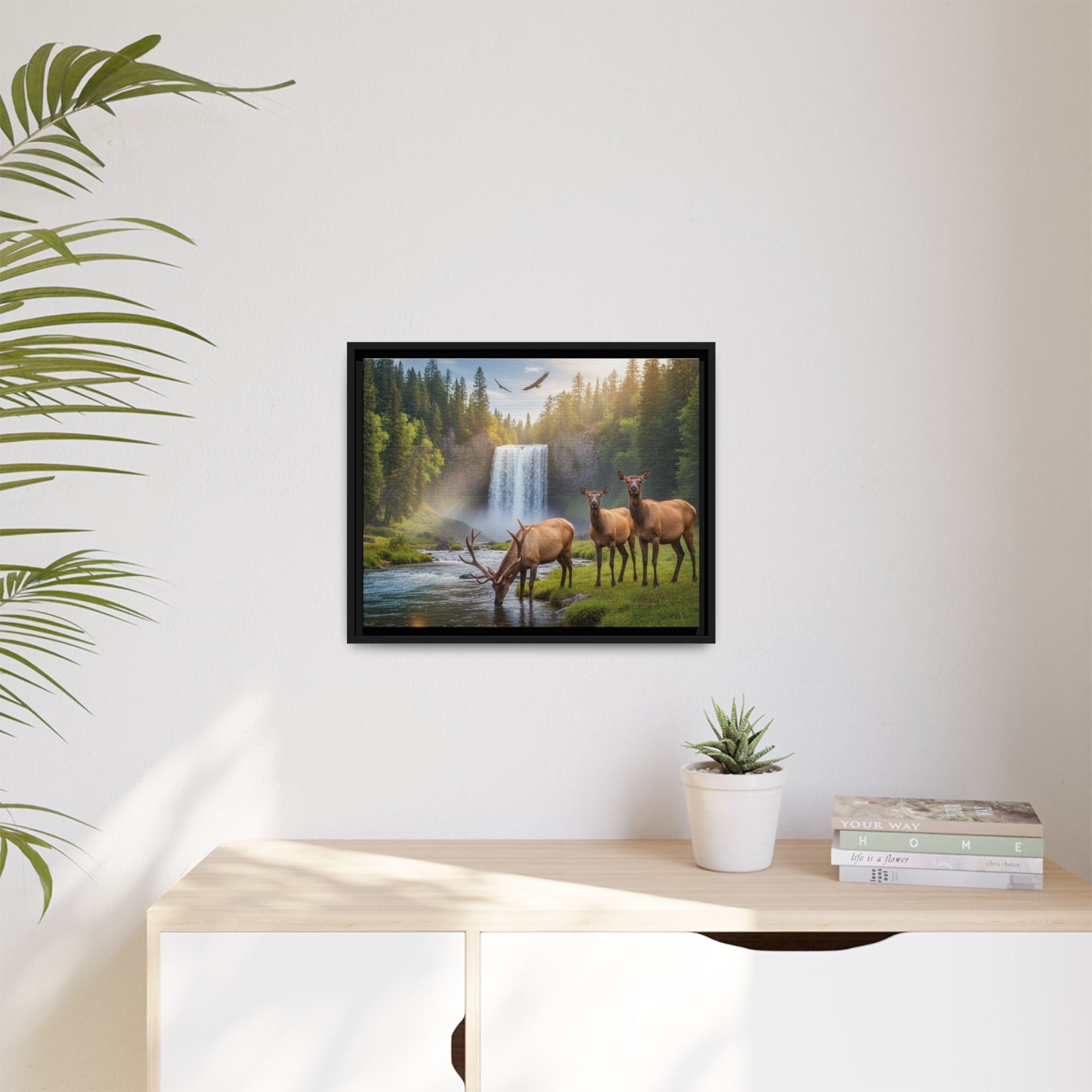 Waterfall Elk Forest Landscape Wall Art