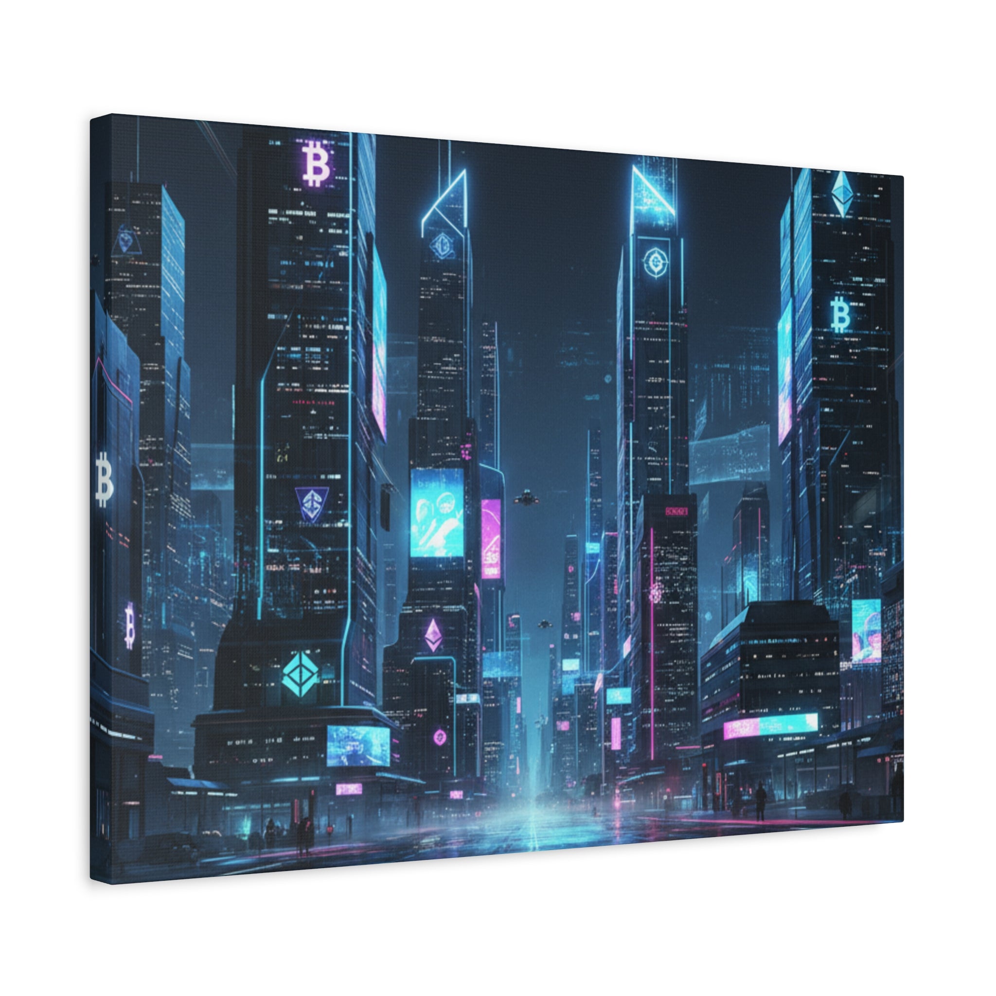 Cyberpunk Crypto Cityscape Canvas Print — Futuristic Neon Skyline Wall Art