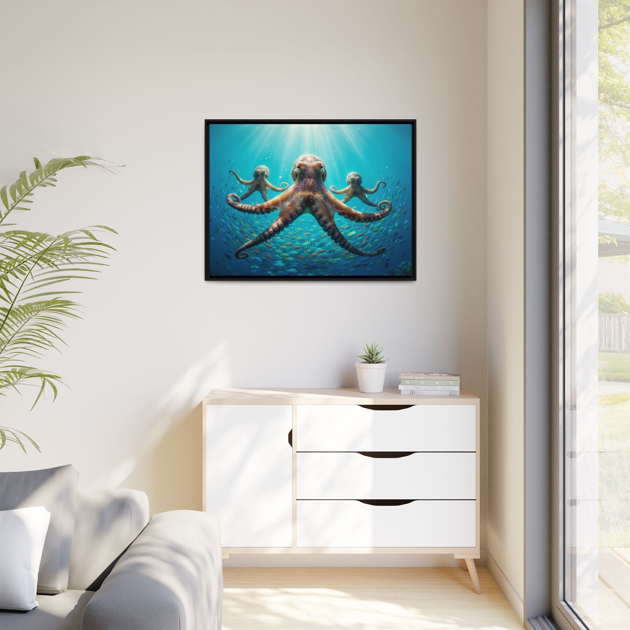 Framed Octopus Art Print — Vibrant Underwater Canvas Wall Decor