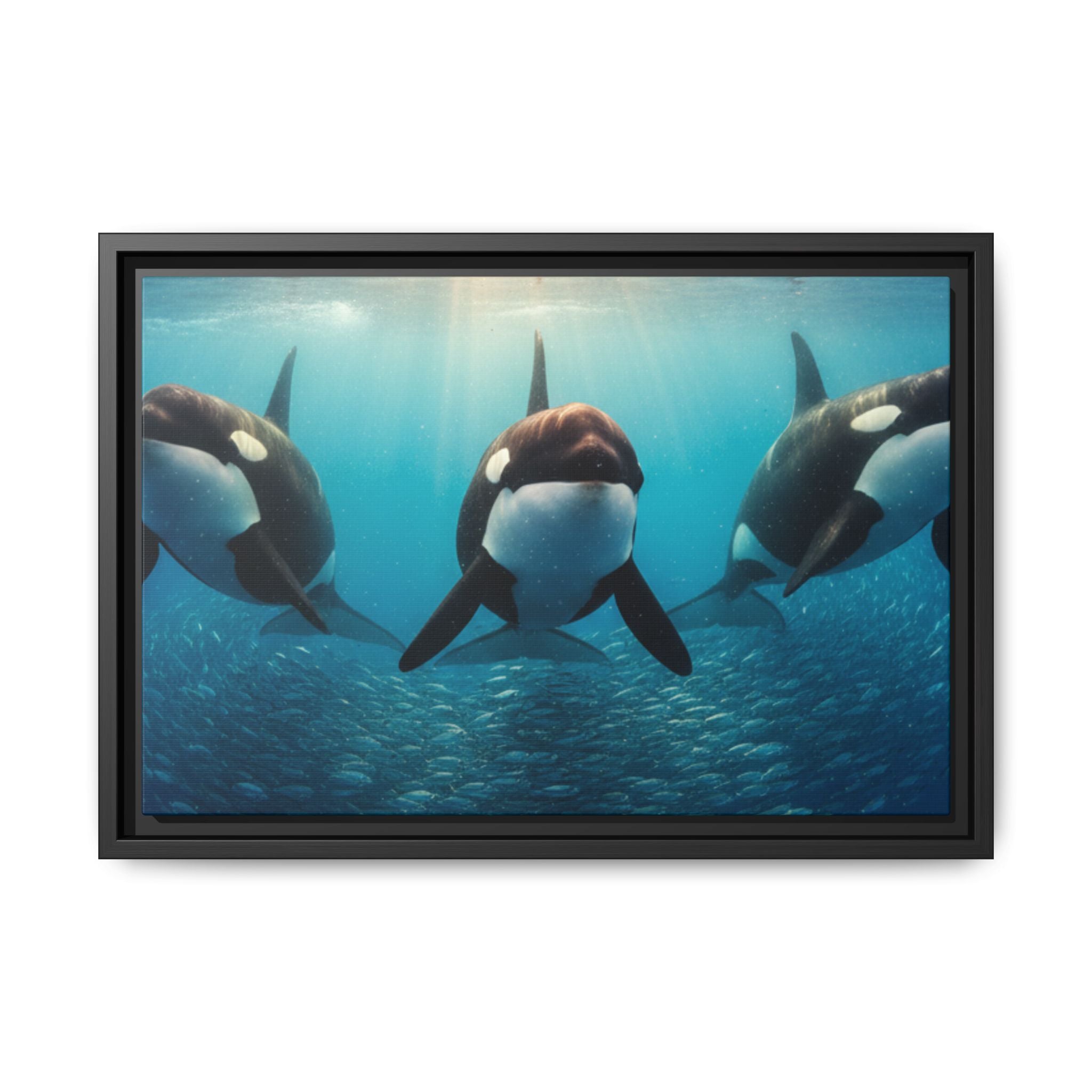 Framed Orca Canvas Print — Underwater Whale Pod Ocean Wall Art