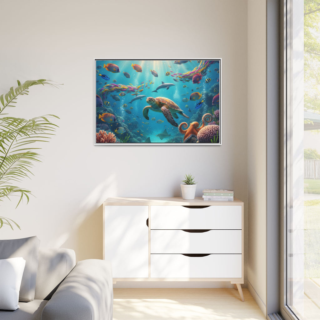 Framed Ocean Life Canvas — Colorful Sea Turtle Wall Art