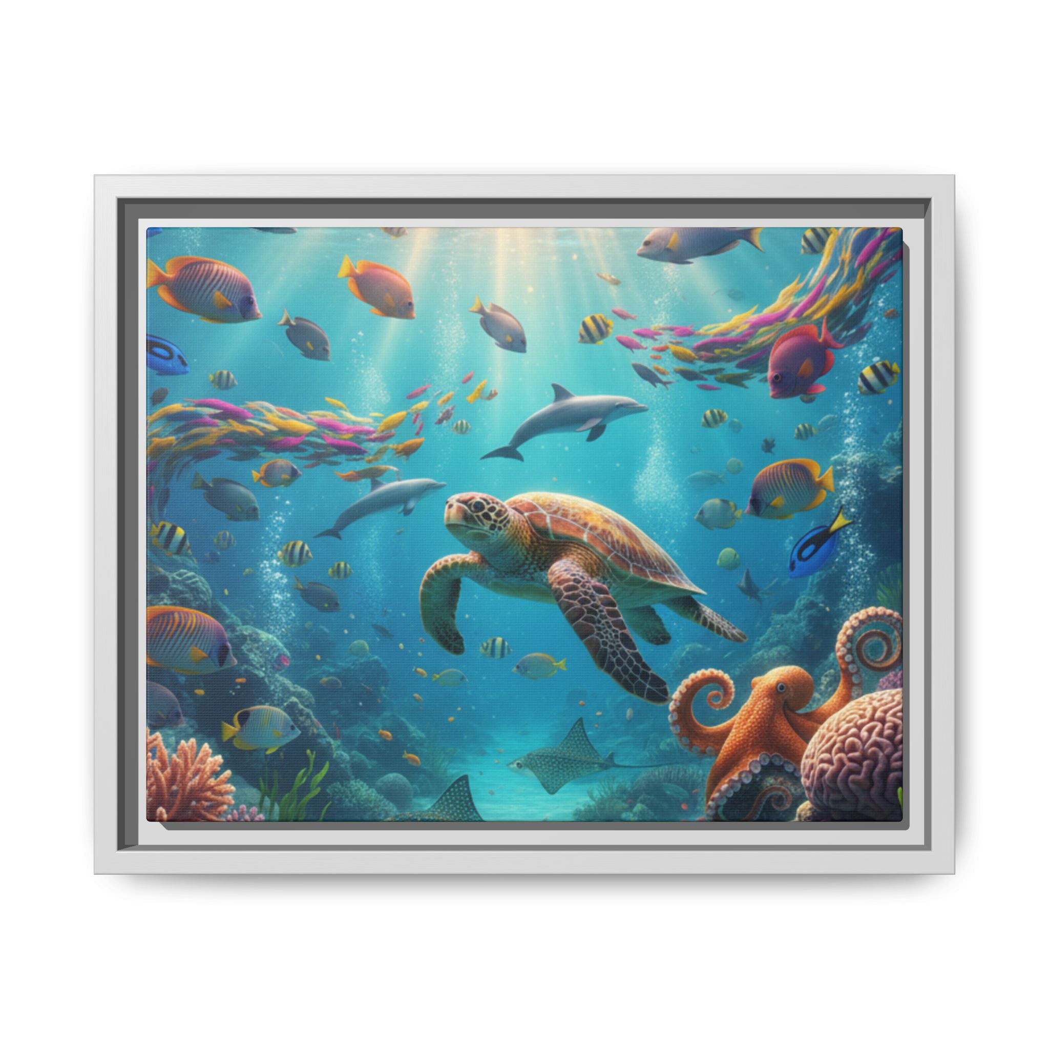 Framed Ocean Life Canvas — Colorful Sea Turtle Wall Art