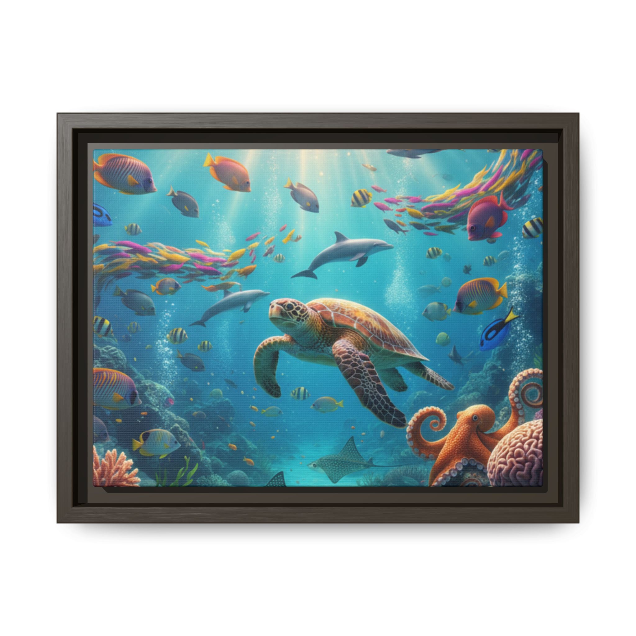 Framed Ocean Life Canvas — Colorful Sea Turtle Wall Art