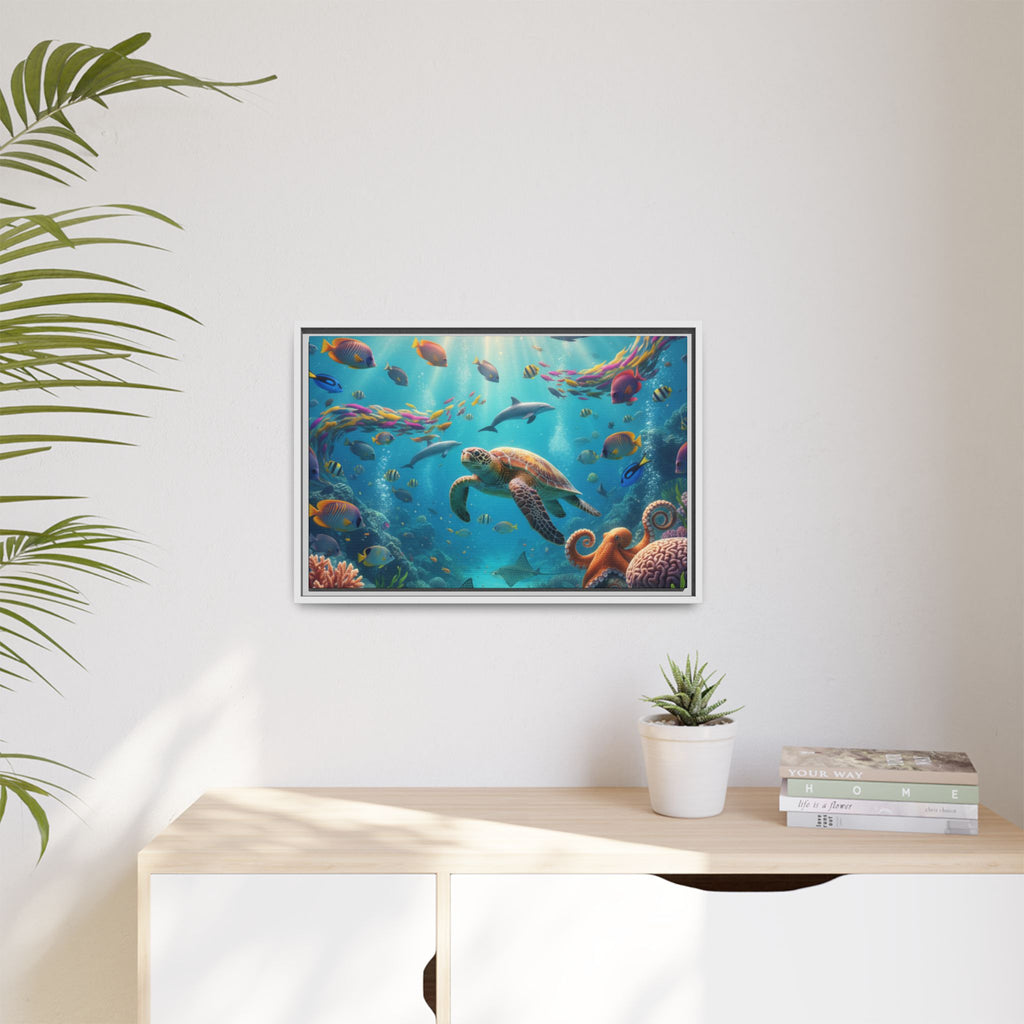 Framed Ocean Life Canvas — Colorful Sea Turtle Wall Art