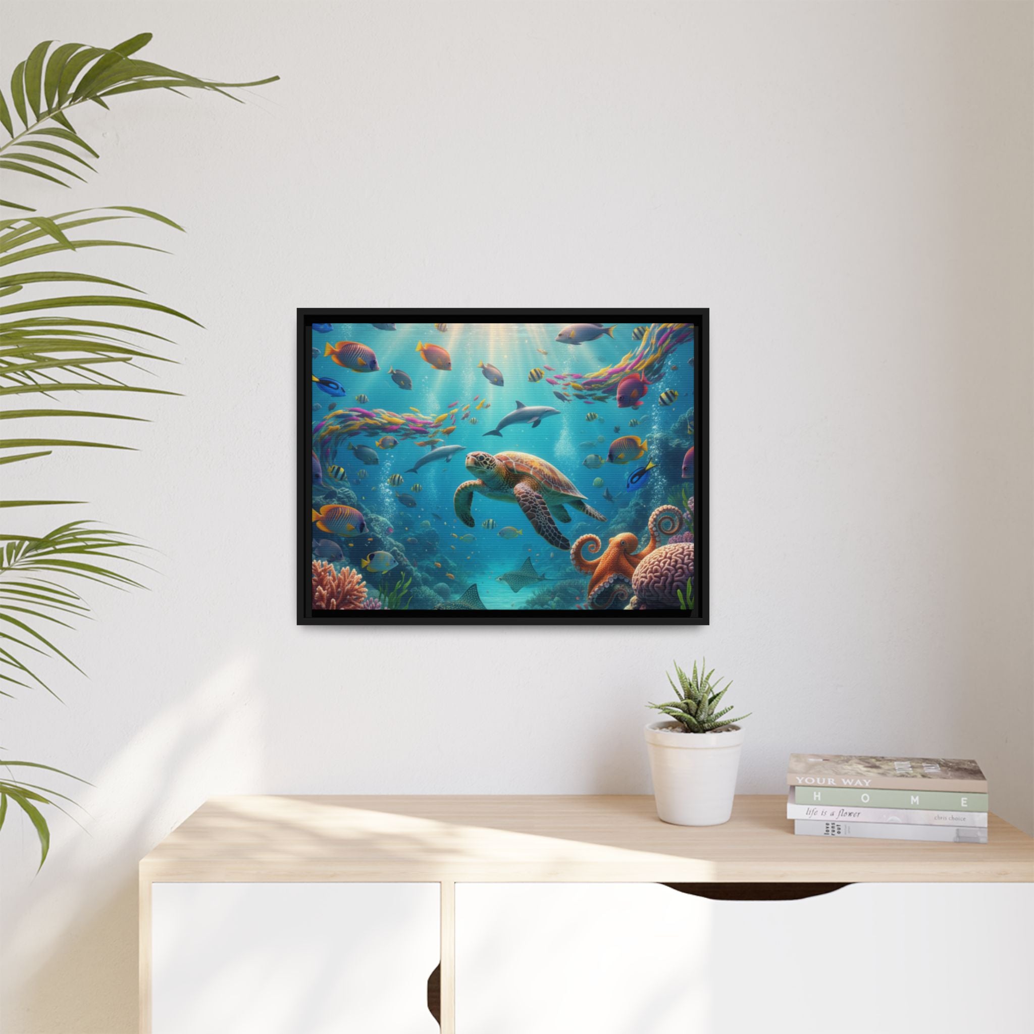 Framed Ocean Life Canvas — Colorful Sea Turtle Wall Art