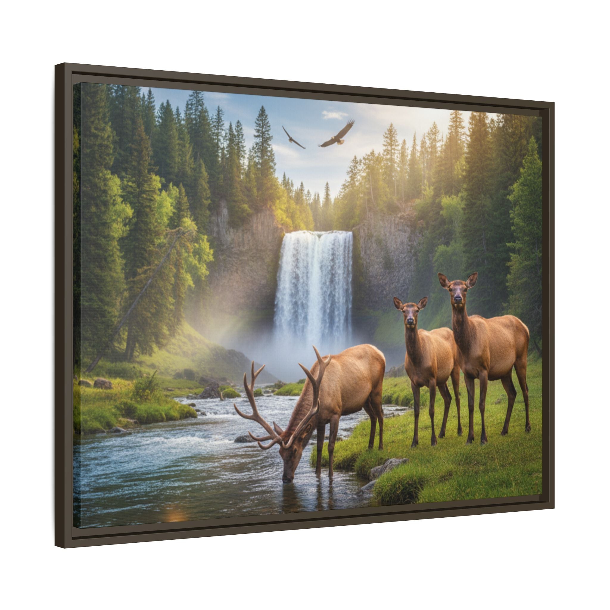 Waterfall Elk Forest Landscape Wall Art