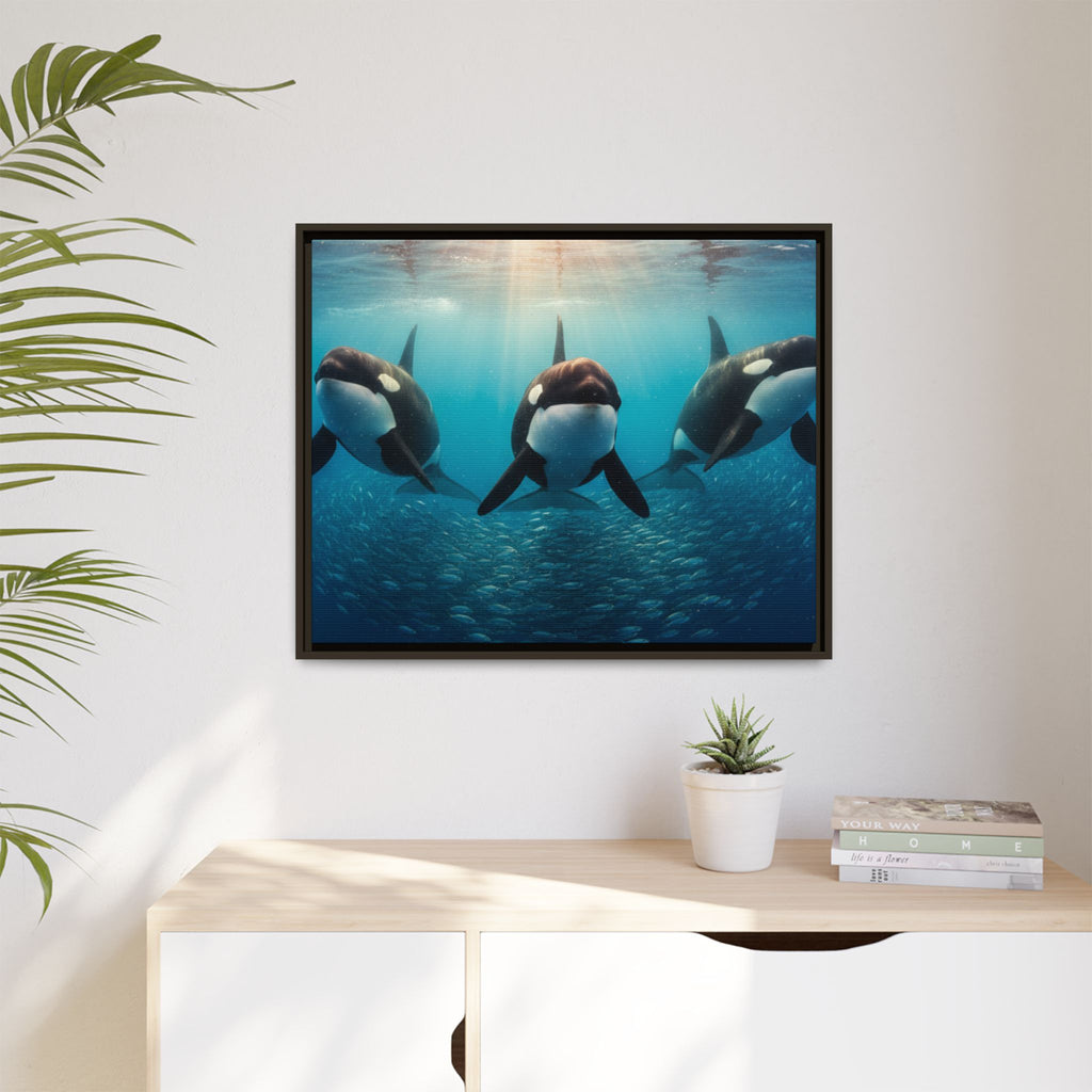 Framed Orca Canvas Print — Underwater Whale Pod Ocean Wall Art