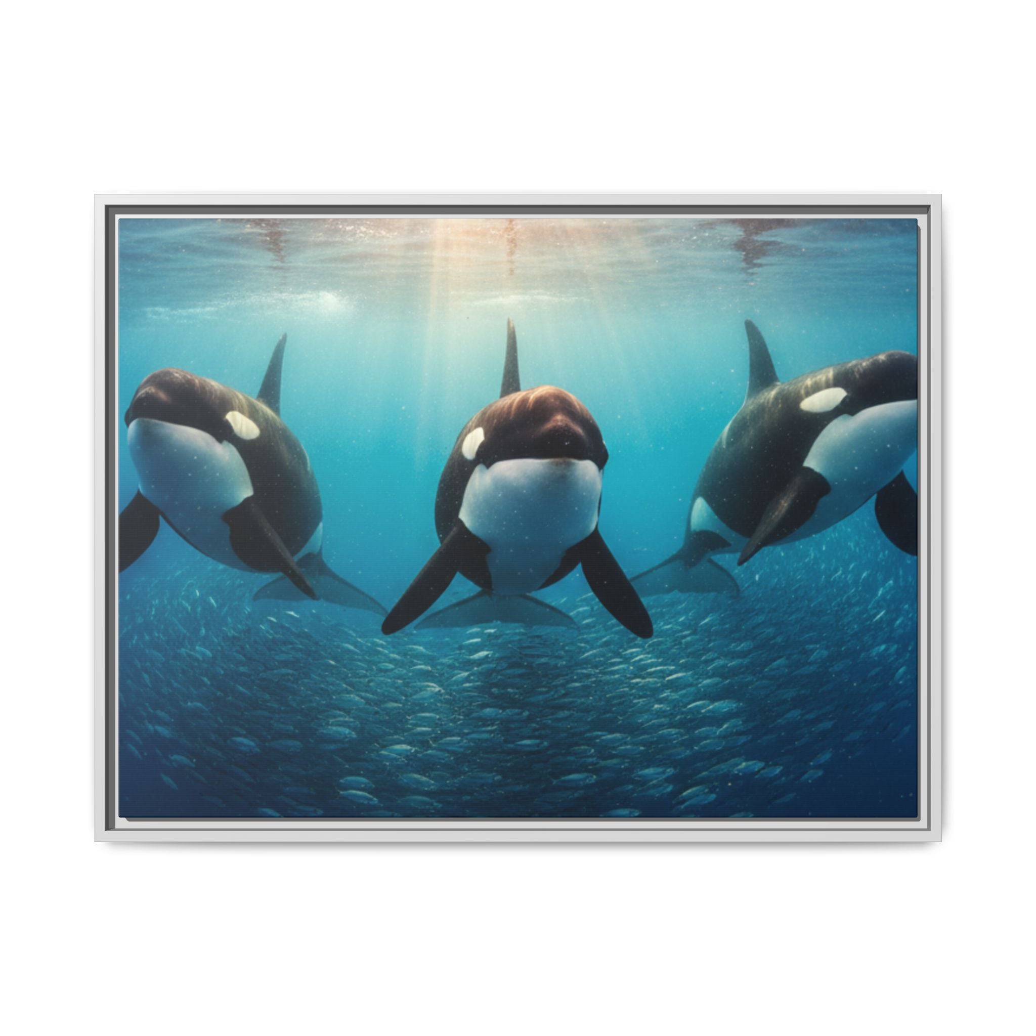 Framed Orca Canvas Print — Underwater Whale Pod Ocean Wall Art