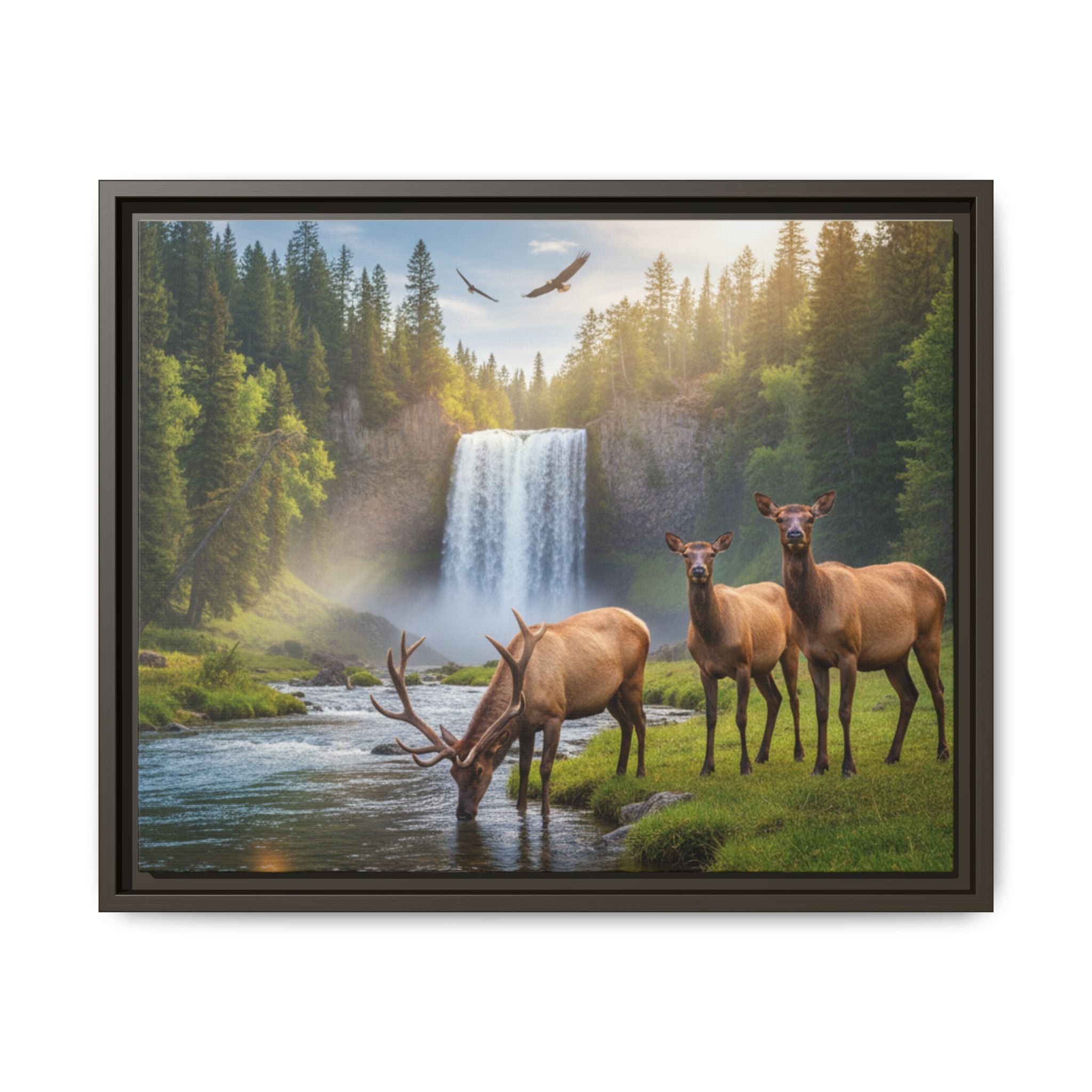 Waterfall Elk Forest Landscape Wall Art