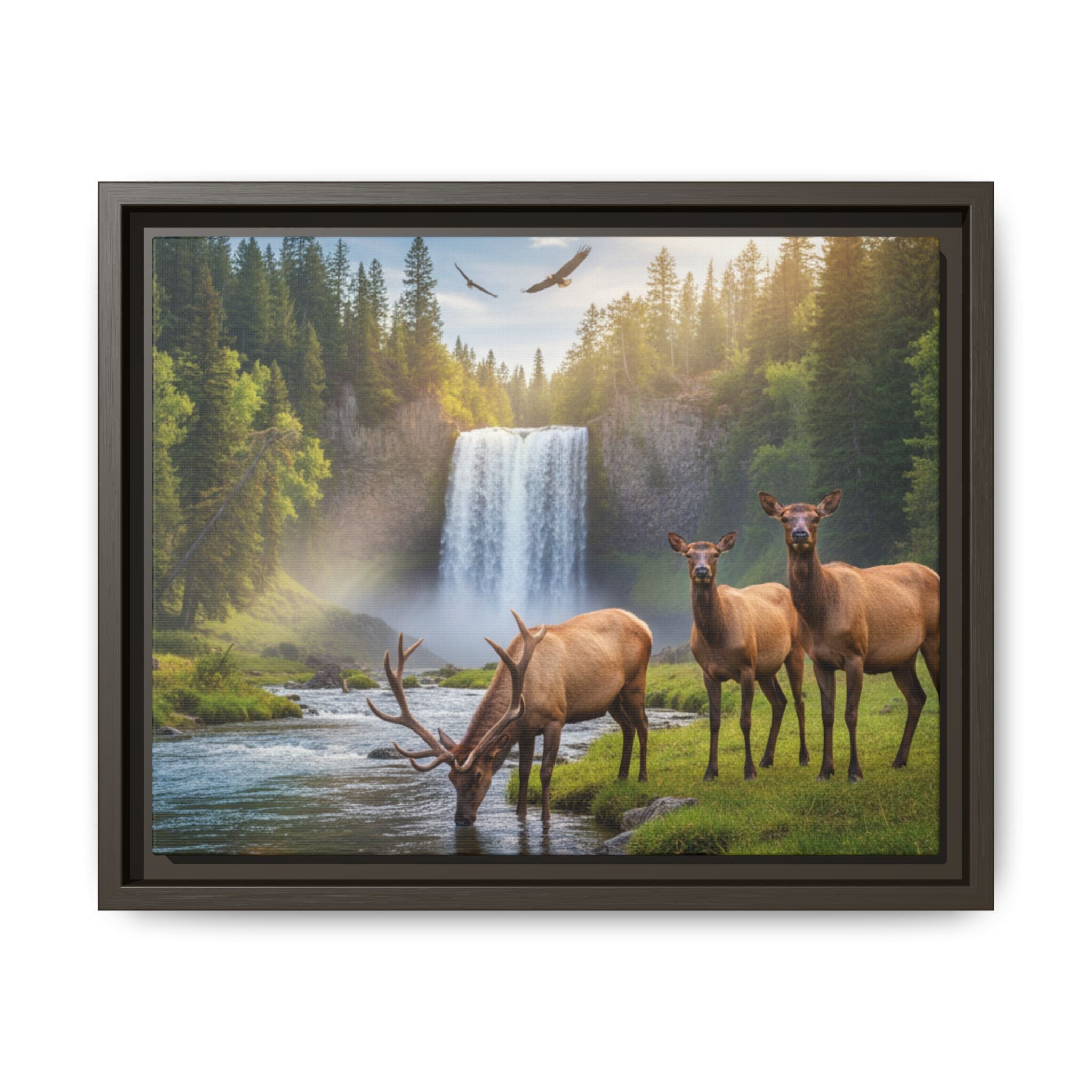 Waterfall Elk Forest Landscape Wall Art