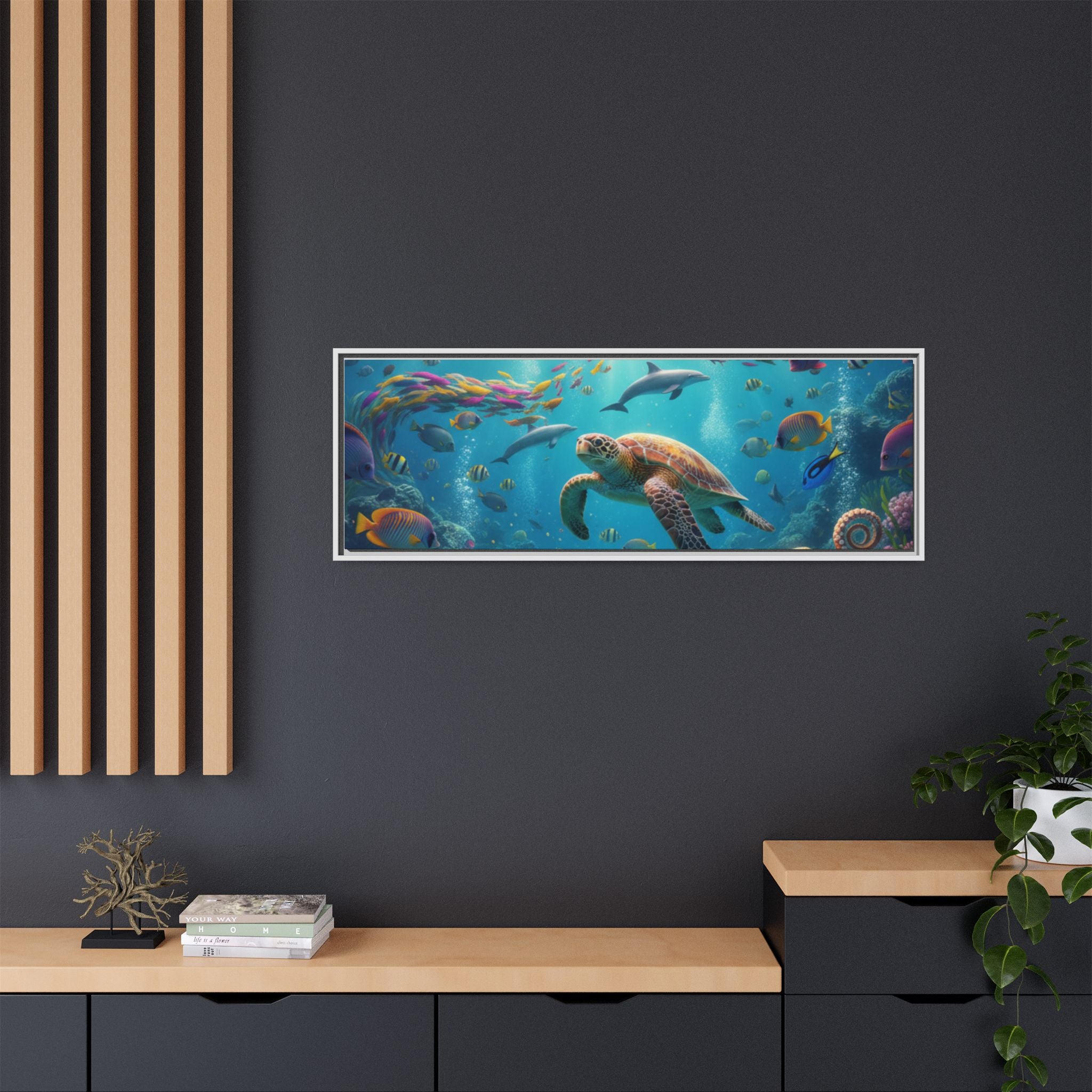 Framed Ocean Life Canvas — Colorful Sea Turtle Wall Art