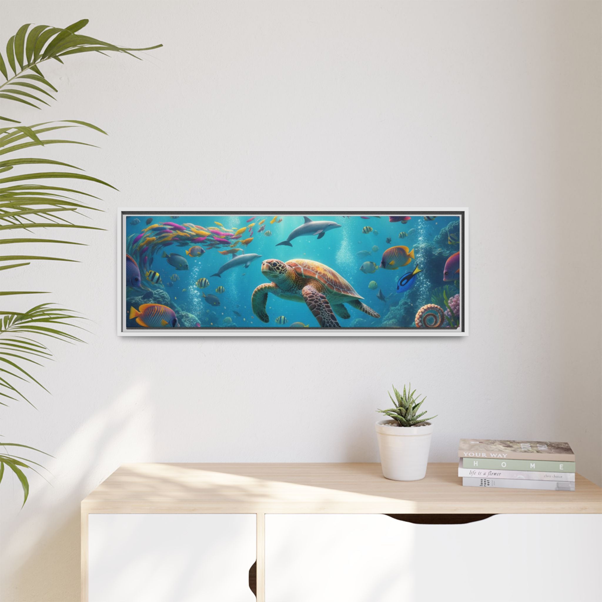 Framed Ocean Life Canvas — Colorful Sea Turtle Wall Art
