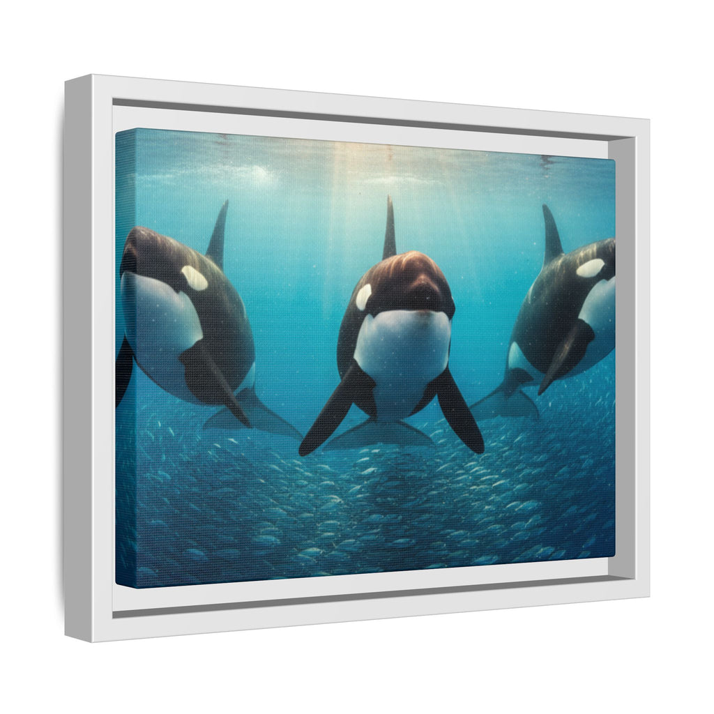 Framed Orca Canvas Print — Underwater Whale Pod Ocean Wall Art