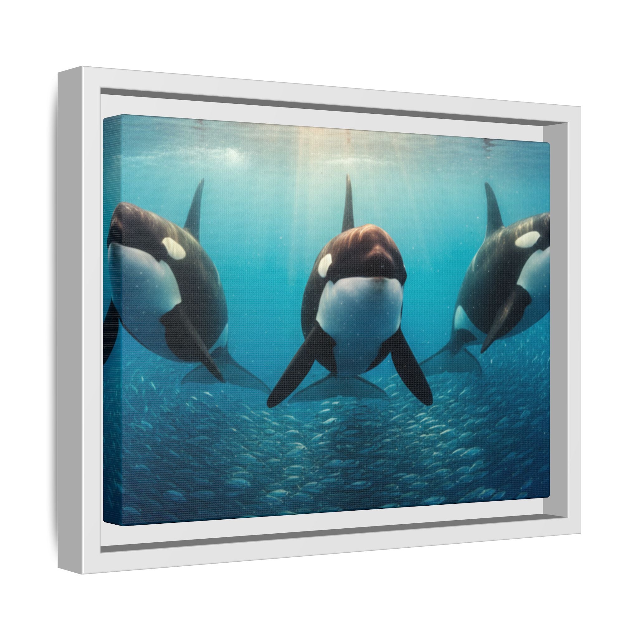 Framed Orca Canvas Print — Underwater Whale Pod Ocean Wall Art