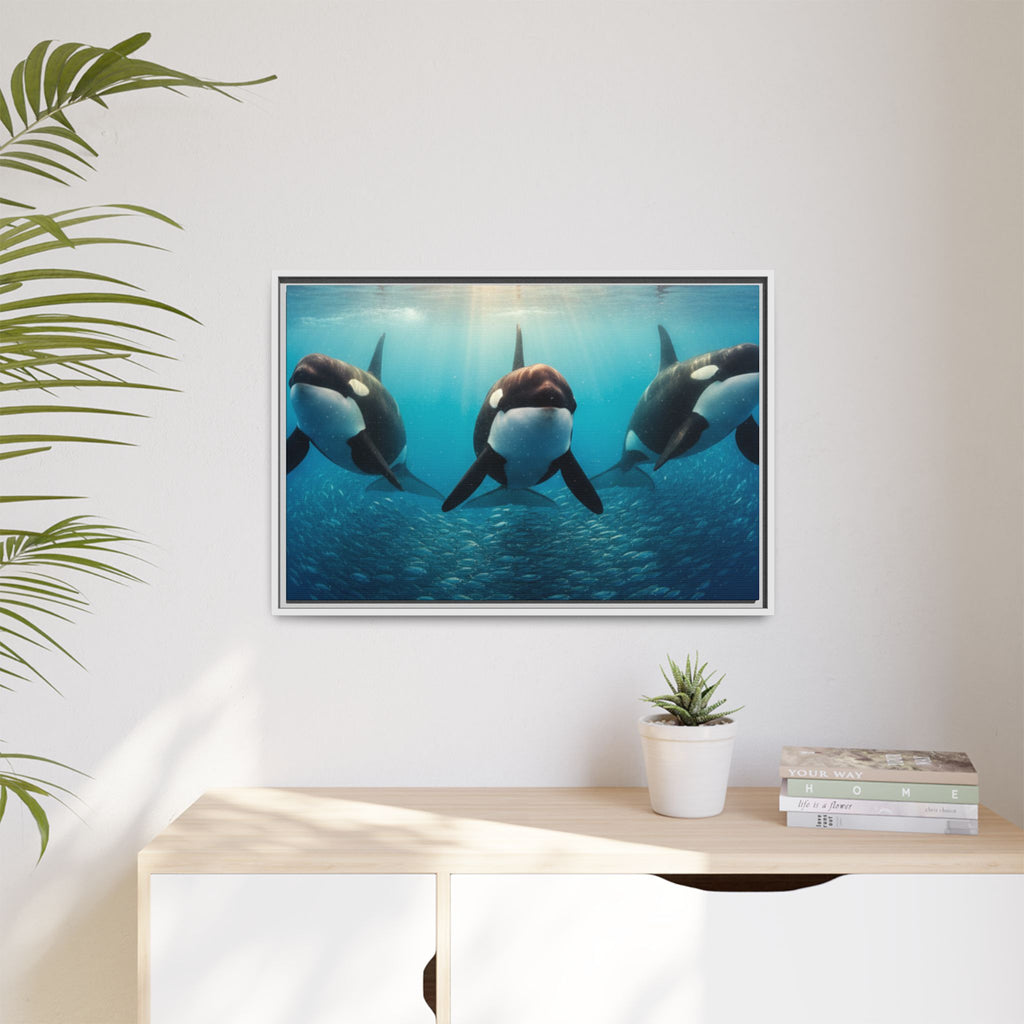 Framed Orca Canvas Print — Underwater Whale Pod Ocean Wall Art