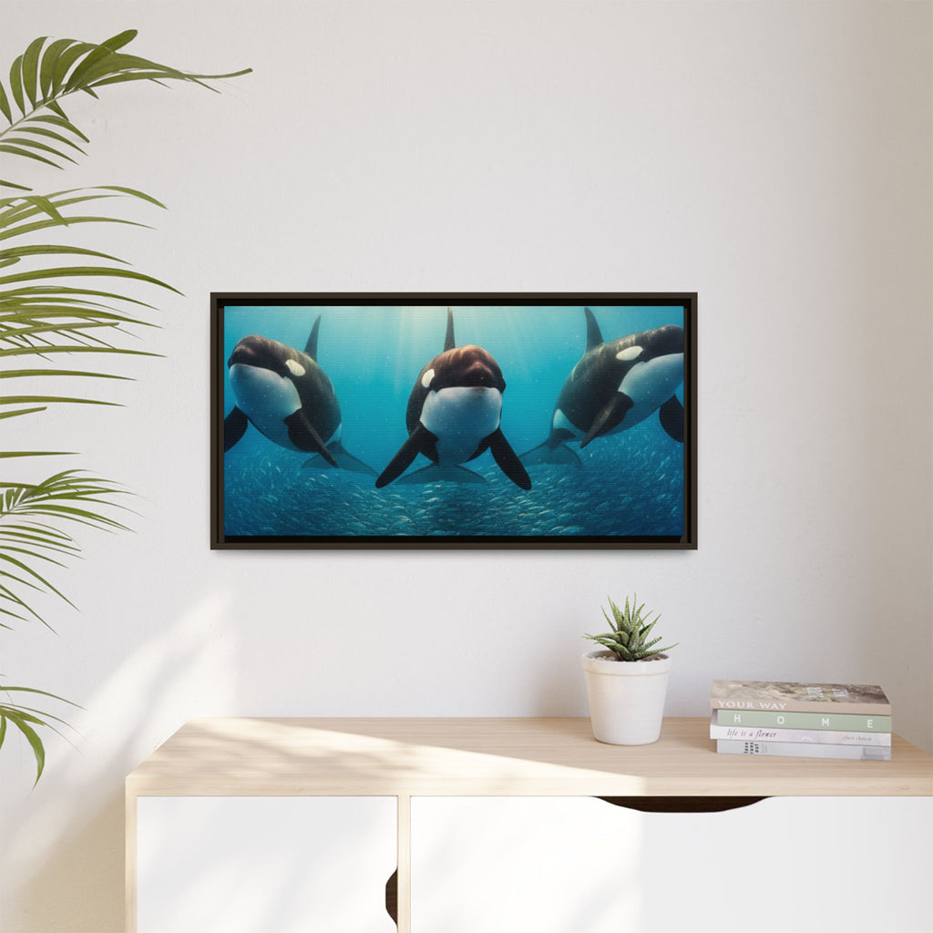 Framed Orca Canvas Print — Underwater Whale Pod Ocean Wall Art