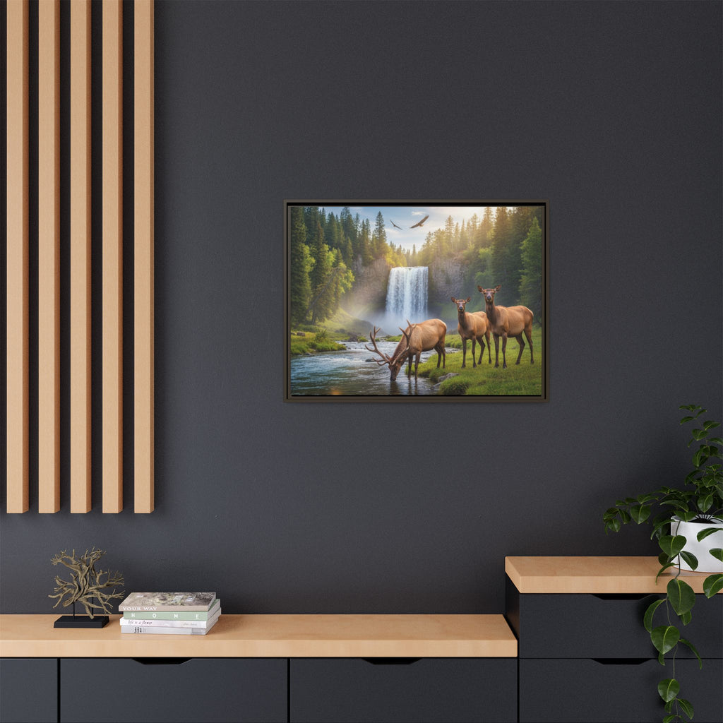 Waterfall Elk Forest Landscape Wall Art
