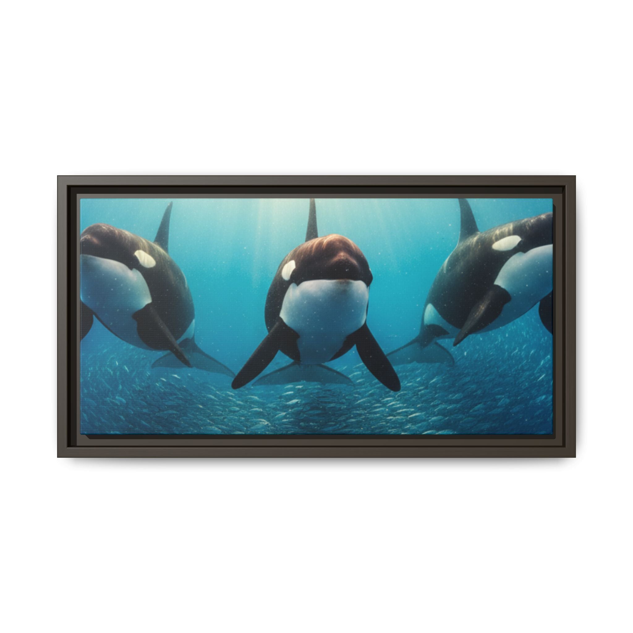 Framed Orca Canvas Print — Underwater Whale Pod Ocean Wall Art