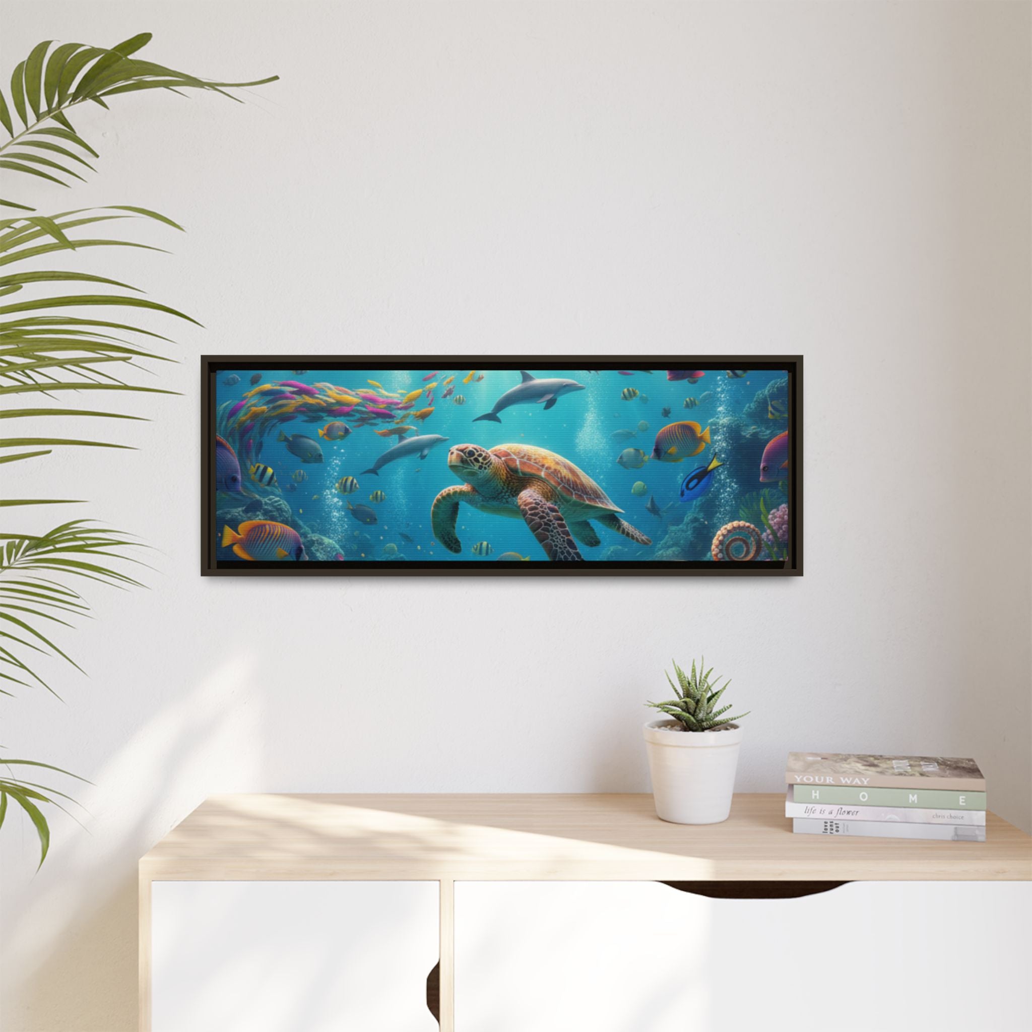 Framed Ocean Life Canvas — Colorful Sea Turtle Wall Art