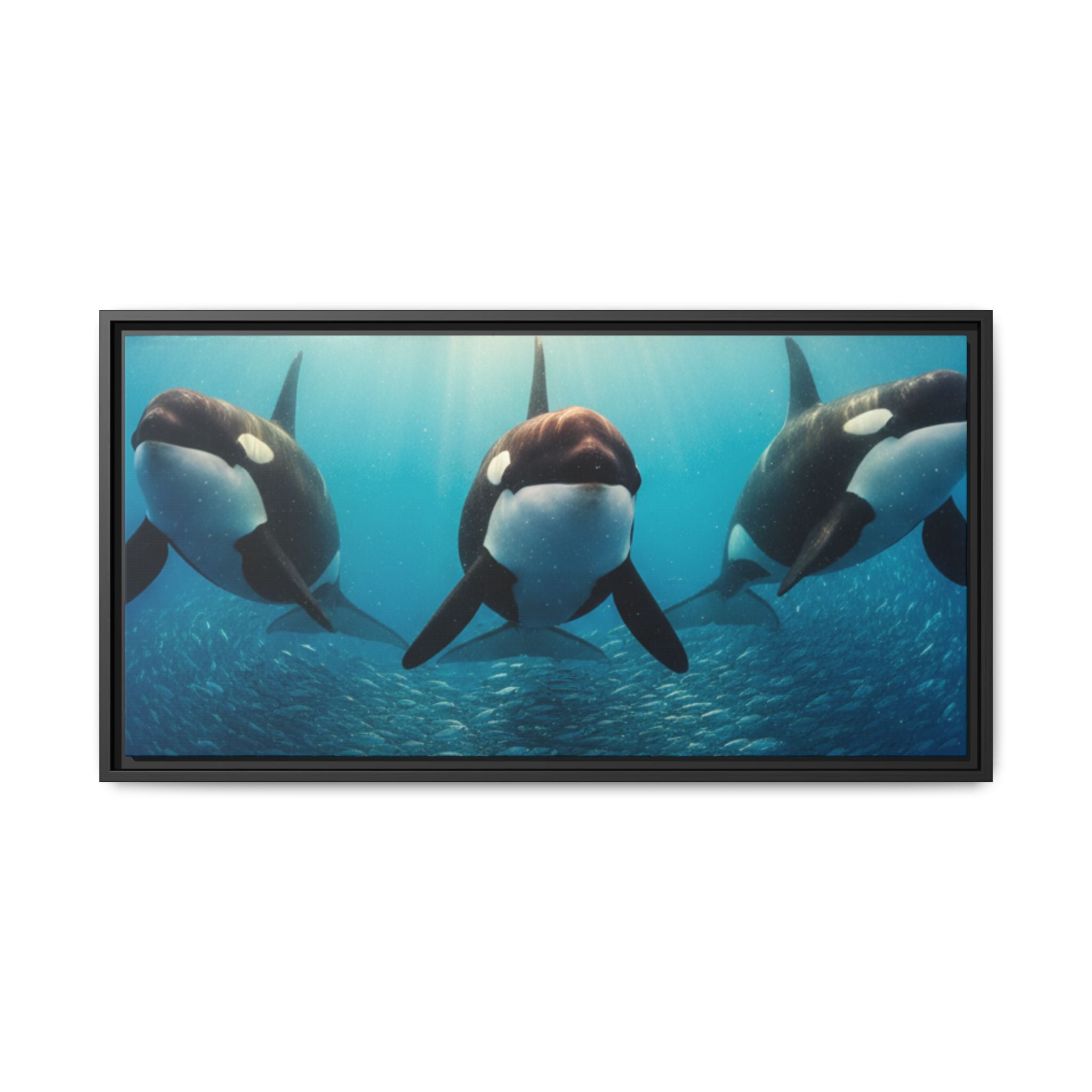 Framed Orca Canvas Print — Underwater Whale Pod Ocean Wall Art