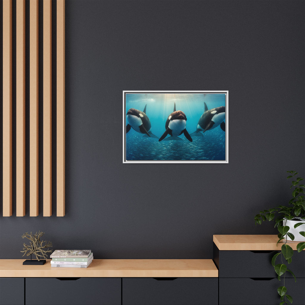 Framed Orca Canvas Print — Underwater Whale Pod Ocean Wall Art