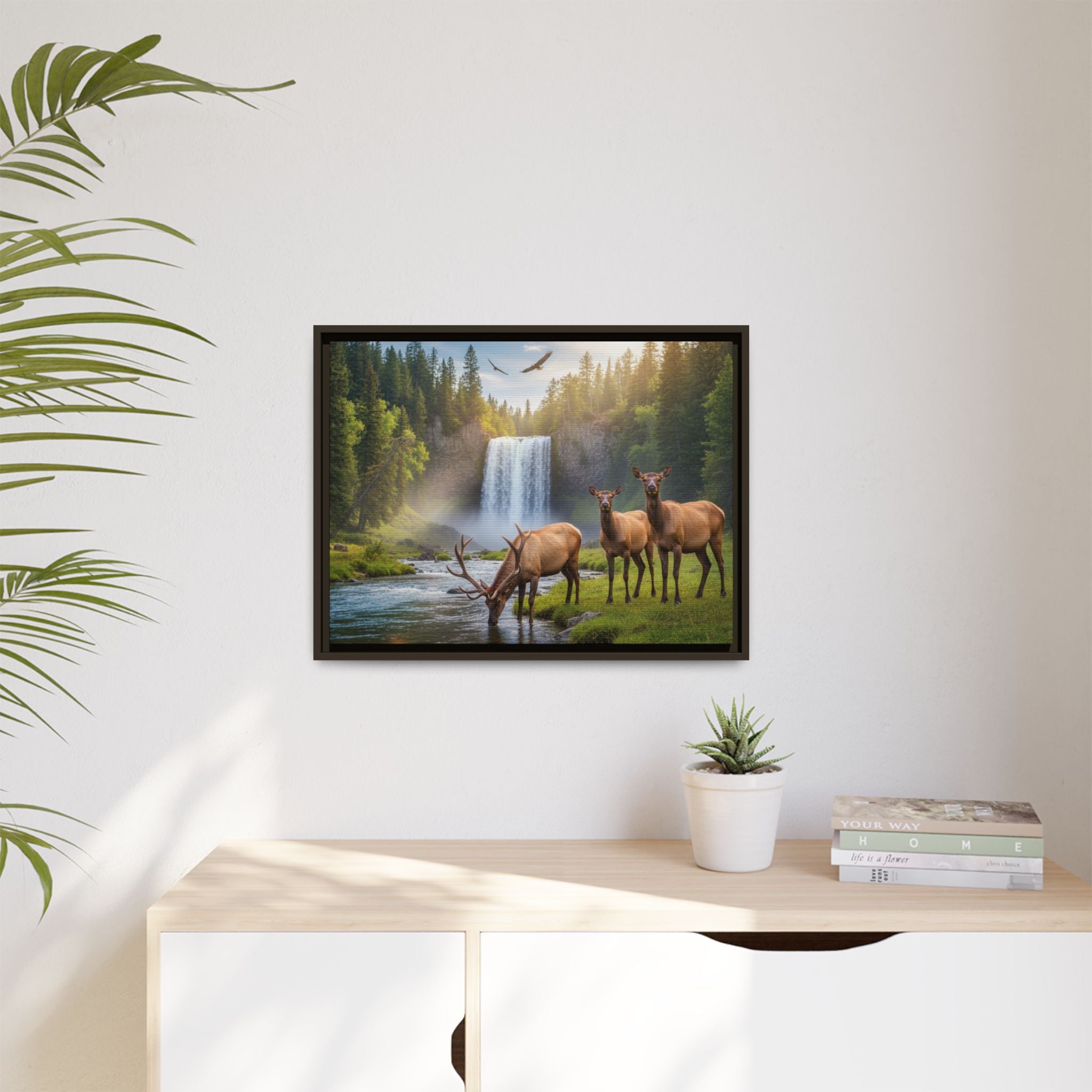 Waterfall Elk Forest Landscape Wall Art
