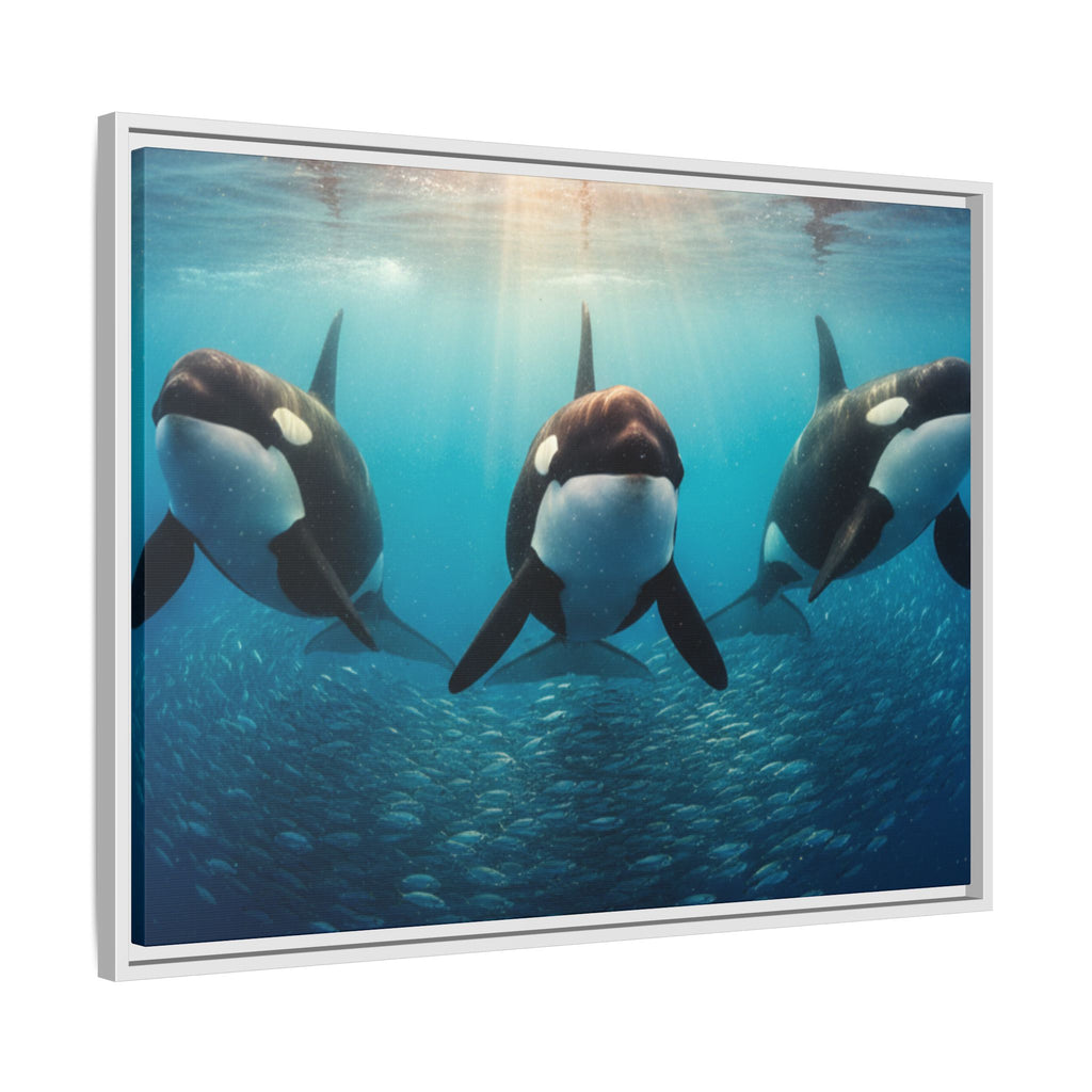 Framed Orca Canvas Print — Underwater Whale Pod Ocean Wall Art