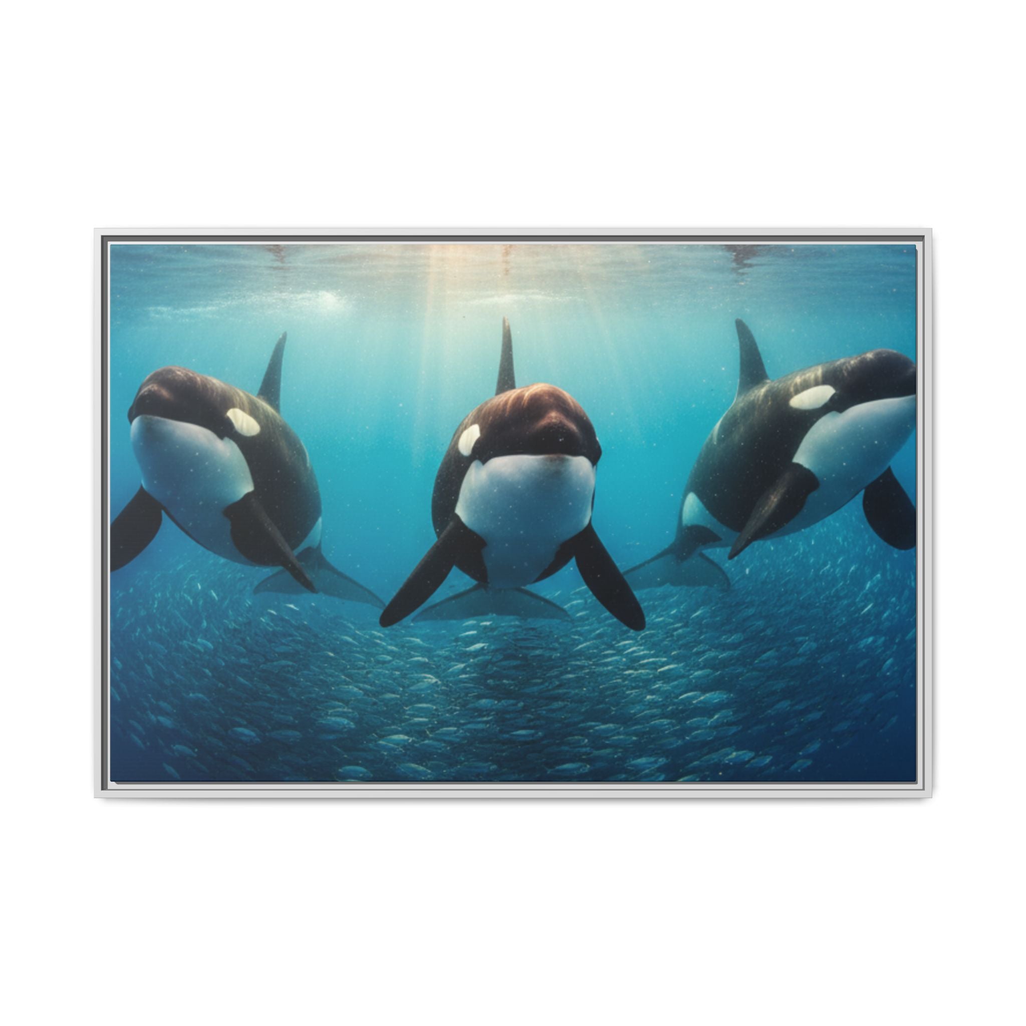 Framed Orca Canvas Print — Underwater Whale Pod Ocean Wall Art