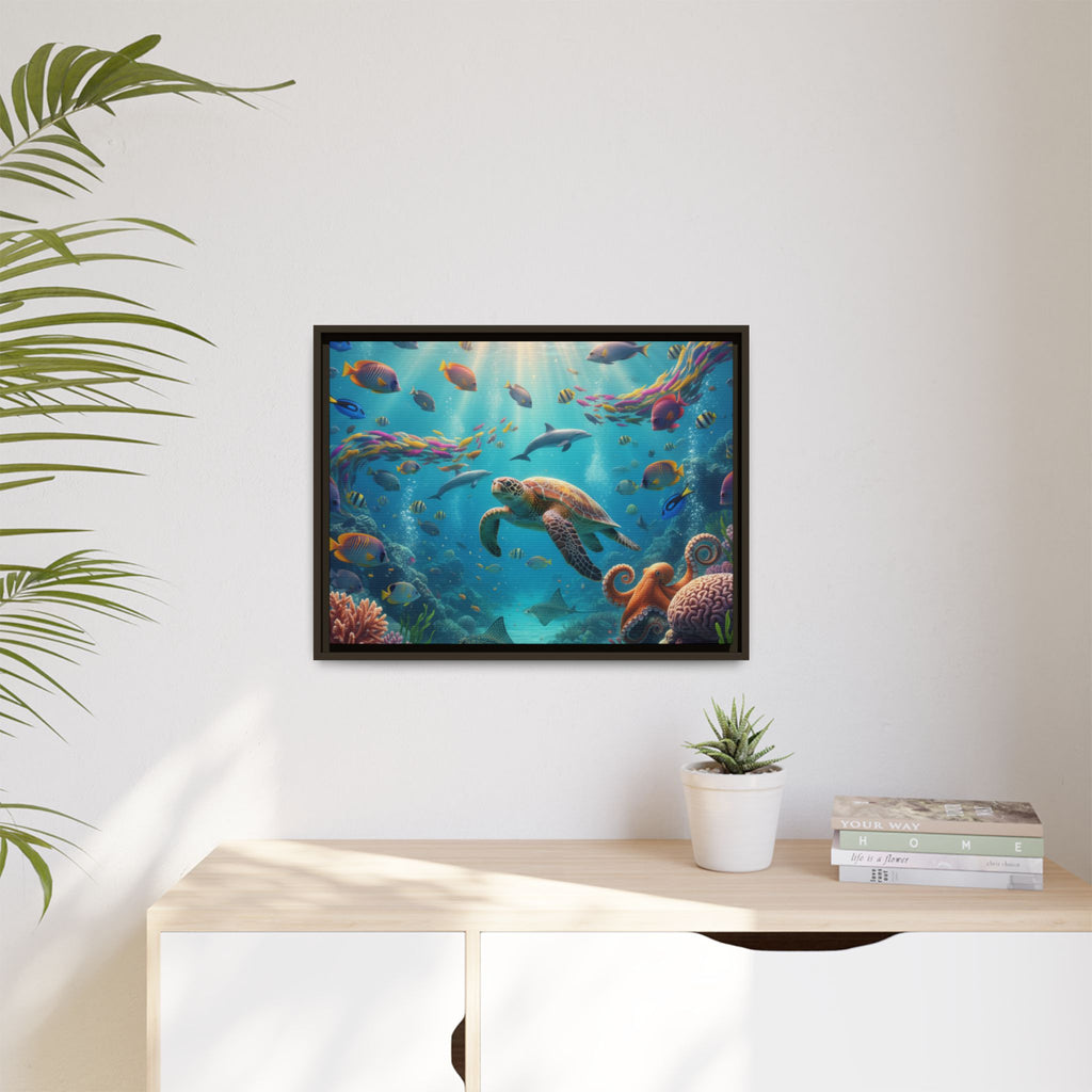 Framed Ocean Life Canvas — Colorful Sea Turtle Wall Art