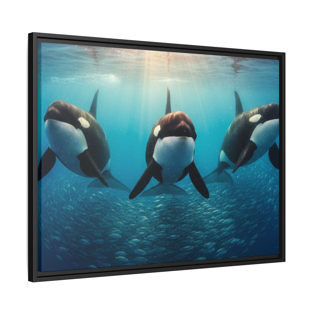 Framed Orca Canvas Print — Underwater Whale Pod Ocean Wall Art