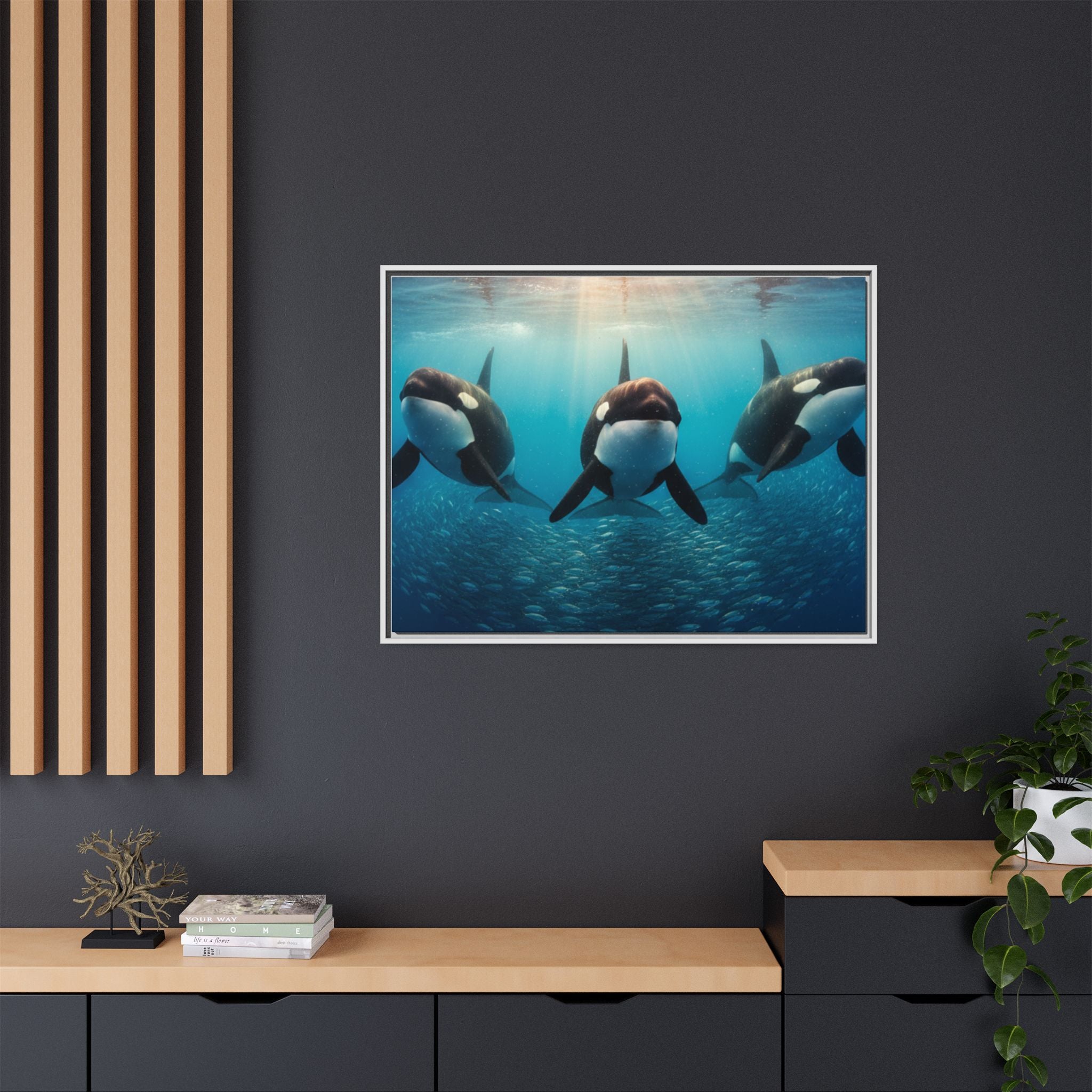 Framed Orca Canvas Print — Underwater Whale Pod Ocean Wall Art