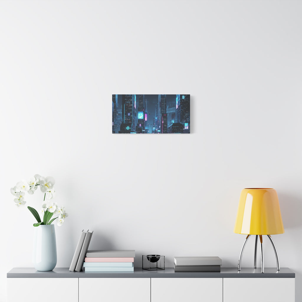 Cyberpunk Crypto Cityscape Canvas Print — Futuristic Neon Skyline Wall Art