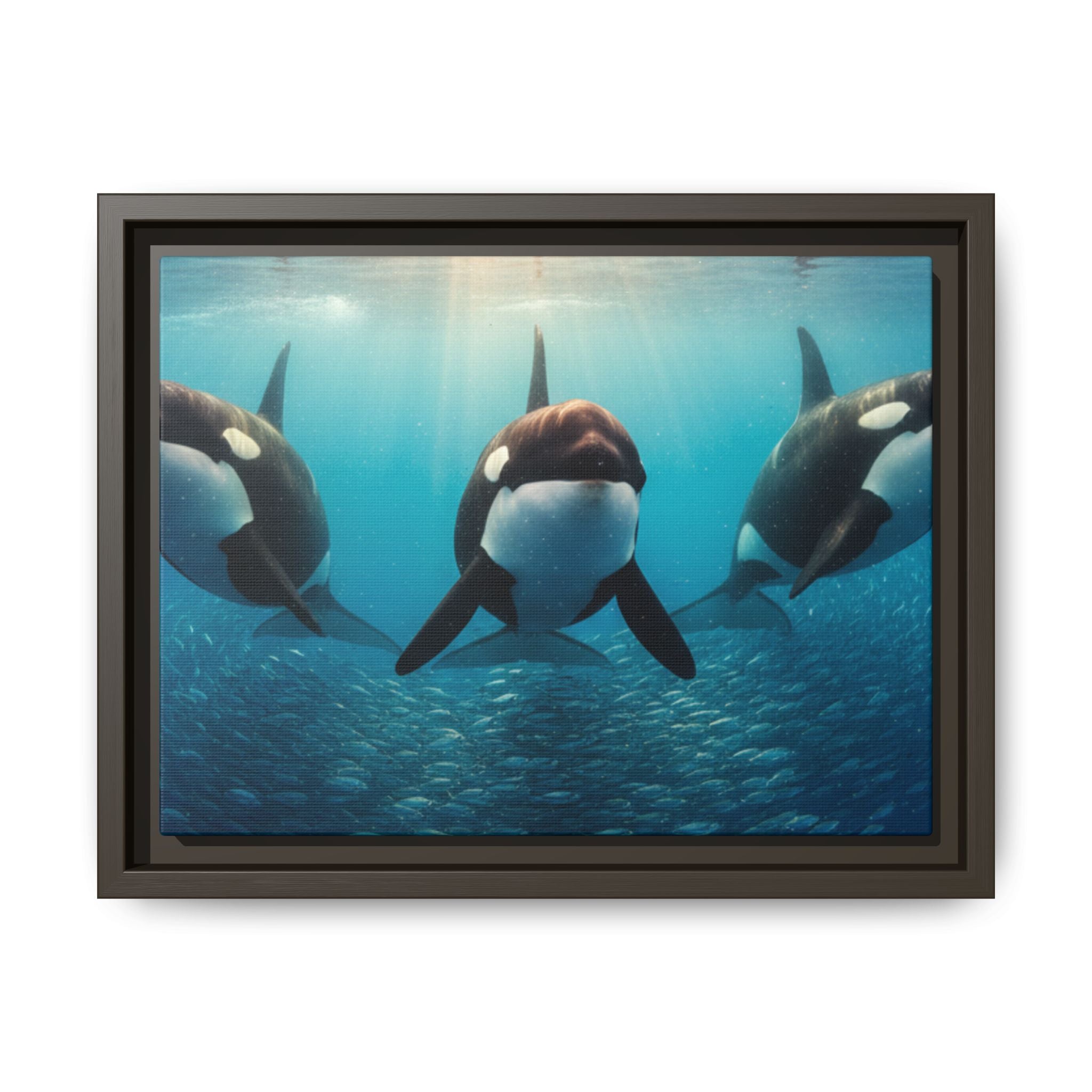 Framed Orca Canvas Print — Underwater Whale Pod Ocean Wall Art