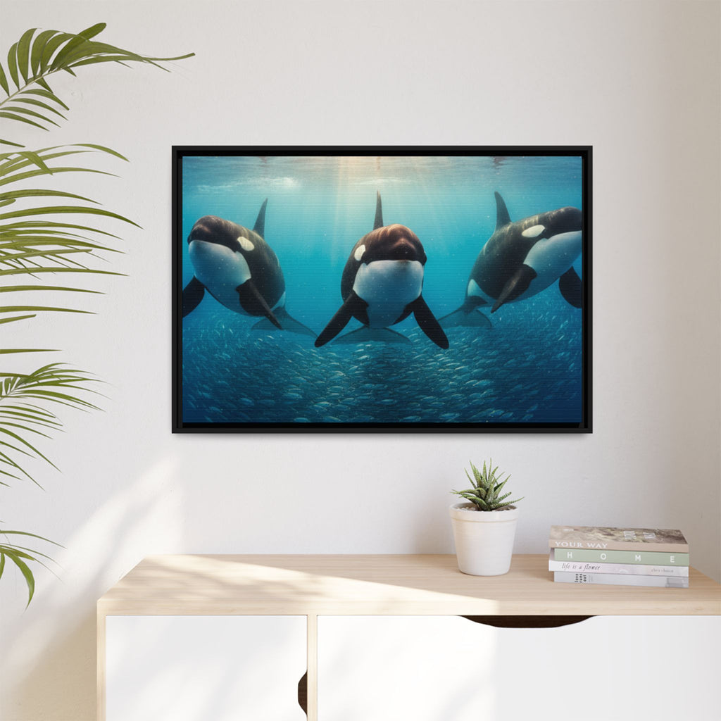 Framed Orca Canvas Print — Underwater Whale Pod Ocean Wall Art
