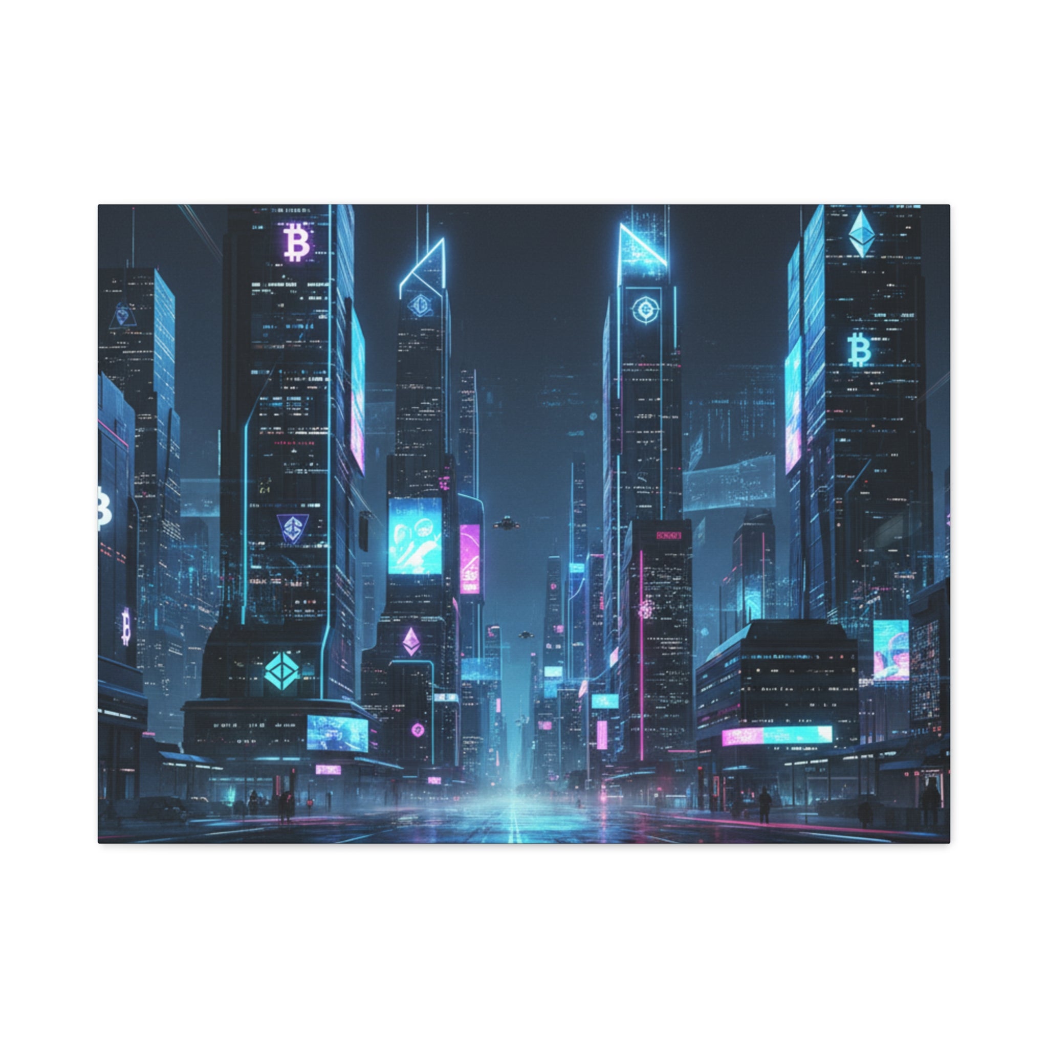 Cyberpunk Crypto Cityscape Canvas Print — Futuristic Neon Skyline Wall Art