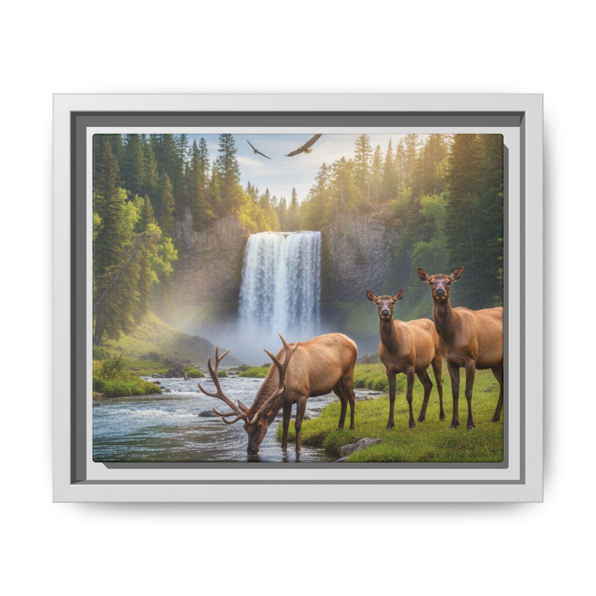 Waterfall Elk Forest Landscape Wall Art