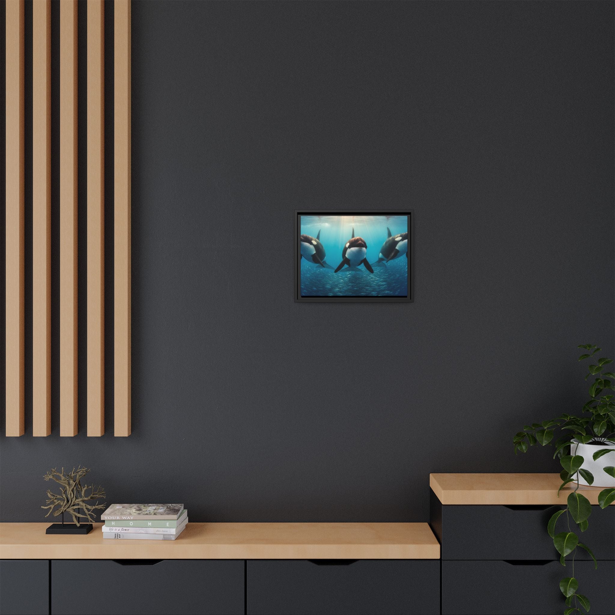 Framed Orca Canvas Print — Underwater Whale Pod Ocean Wall Art