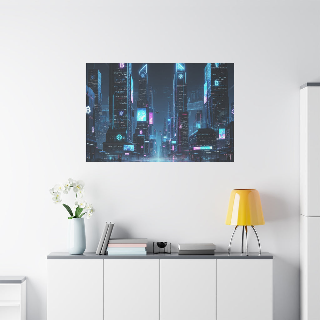 Cyberpunk Crypto Cityscape Canvas Print — Futuristic Neon Skyline Wall Art