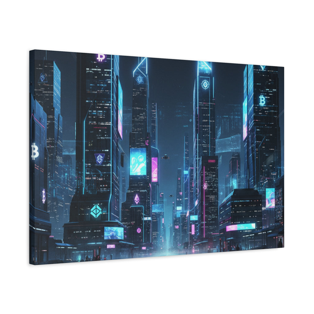 Cyberpunk Crypto Cityscape Canvas Print — Futuristic Neon Skyline Wall Art