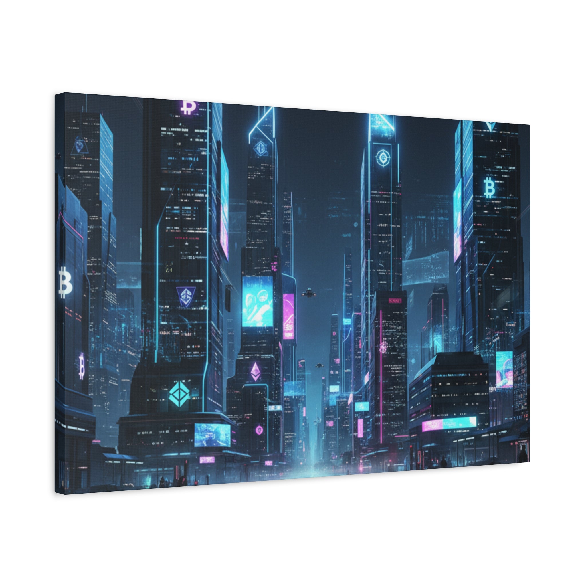 Cyberpunk Crypto Cityscape Canvas Print — Futuristic Neon Skyline Wall Art