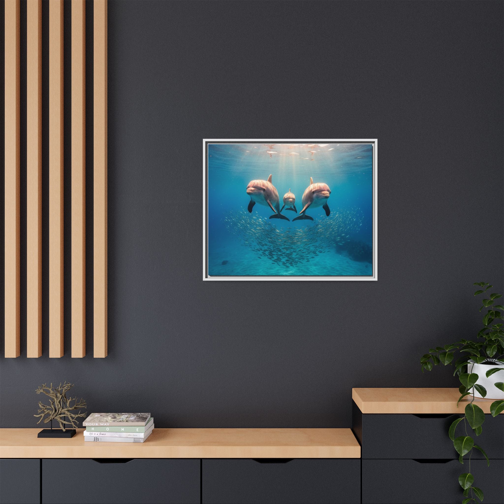 Framed Dolphin Canvas Print — Matte Ocean Wall Art