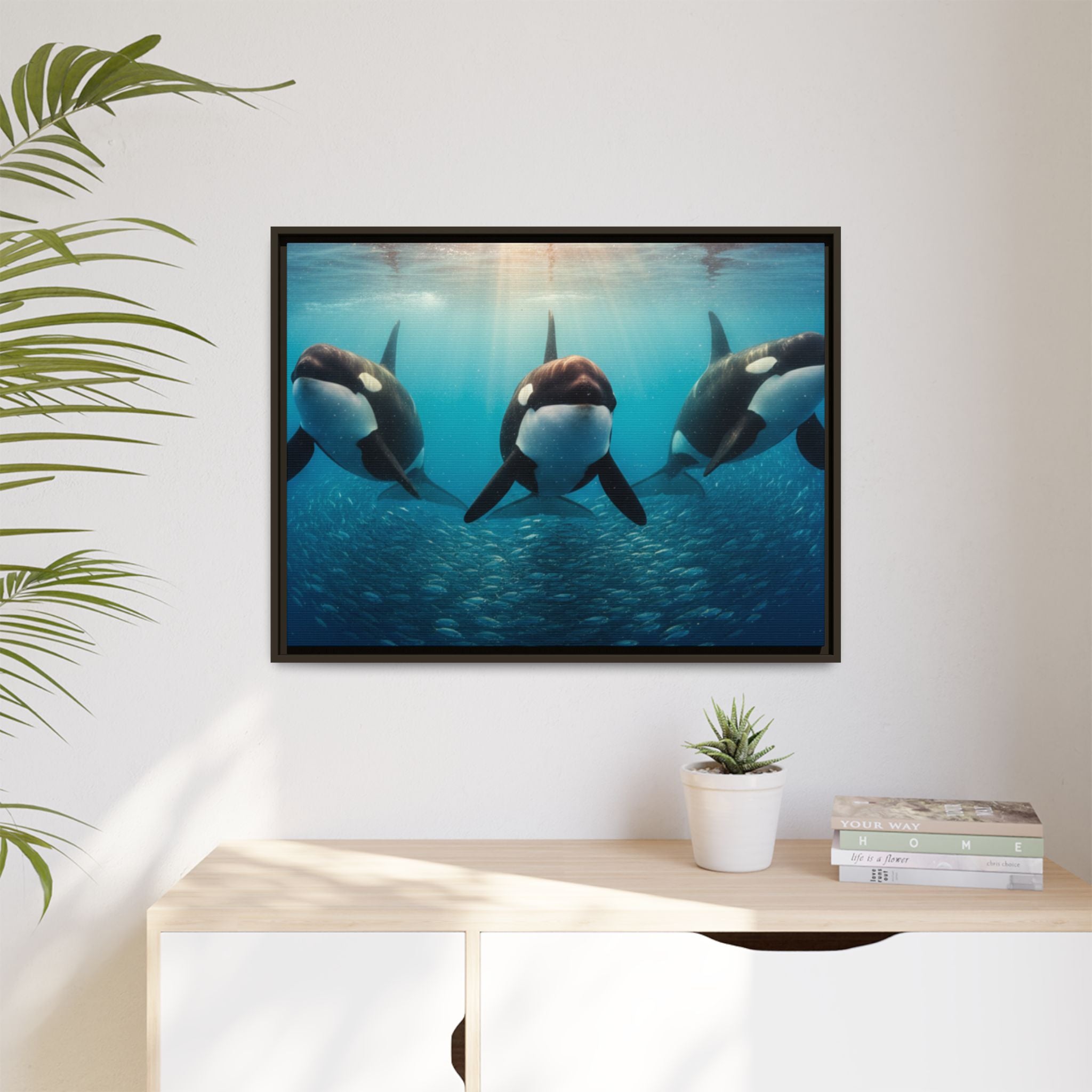 Framed Orca Canvas Print — Underwater Whale Pod Ocean Wall Art