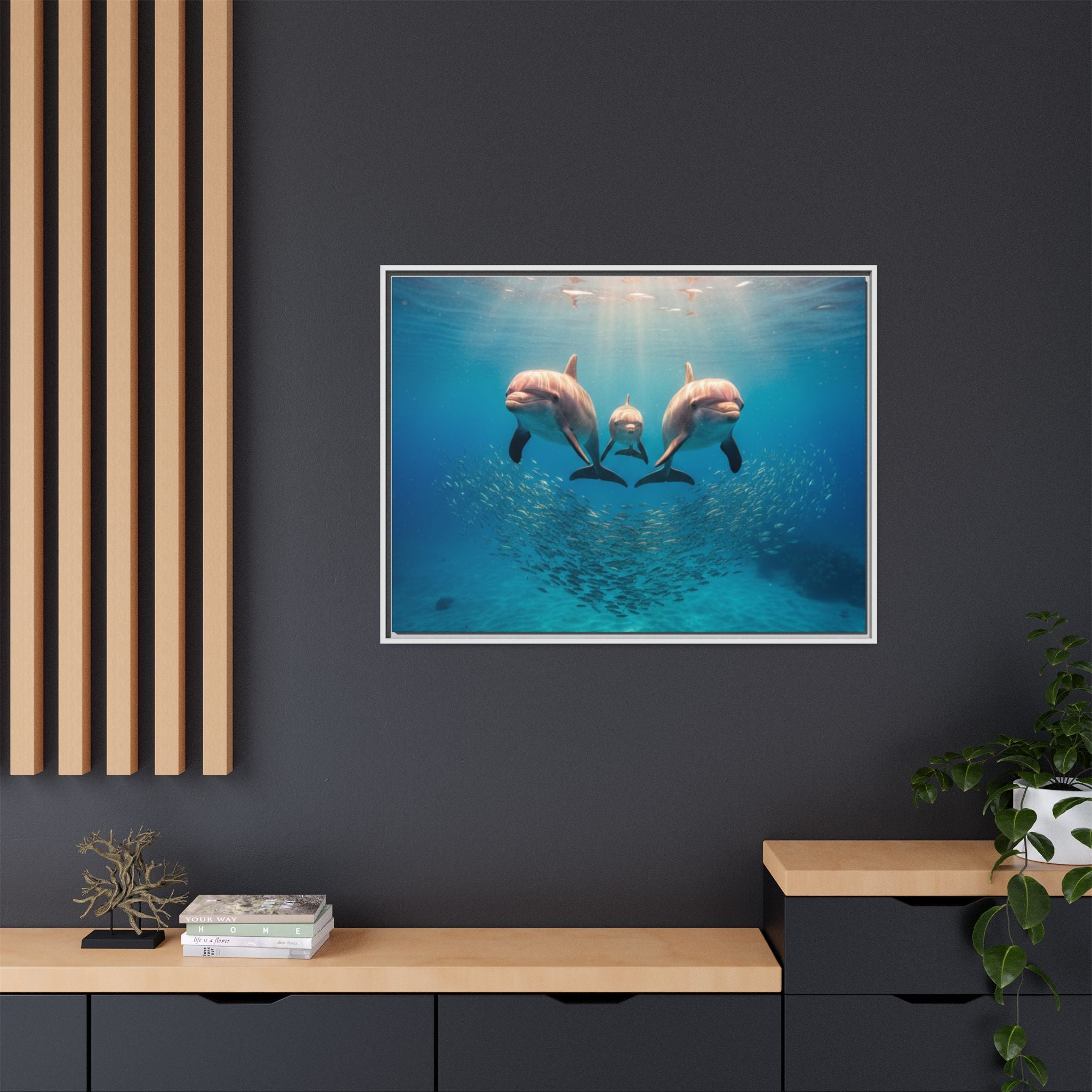 Framed Dolphin Canvas Print — Matte Ocean Wall Art