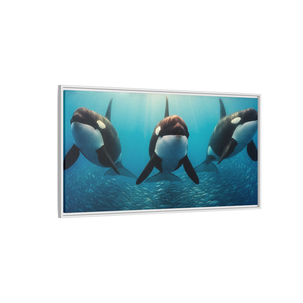 Framed Orca Canvas Print — Underwater Whale Pod Ocean Wall Art